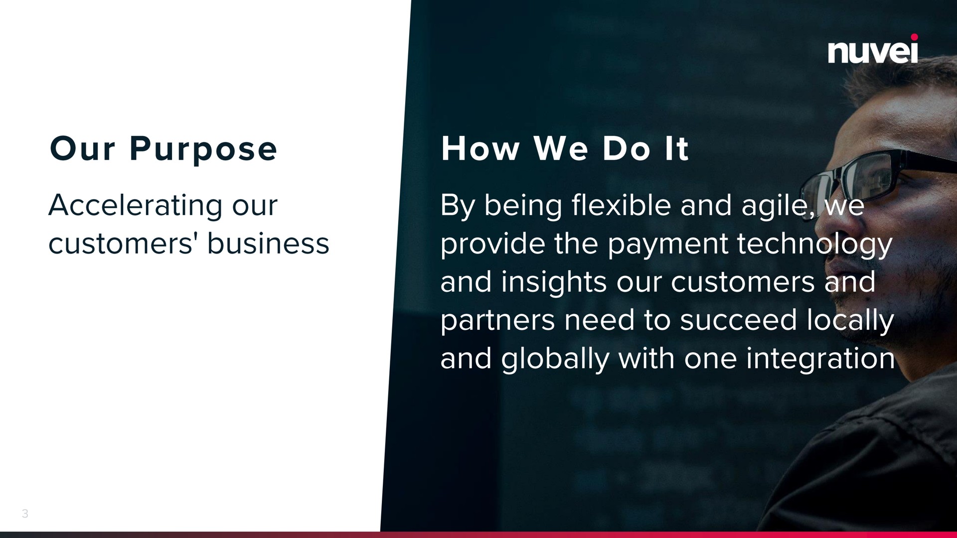 our purpose how we do it accelerating our customers business by being flexible and agile provide the payment technology and insights our customers and partners need to succeed locally and globally with one integration | Nuvei