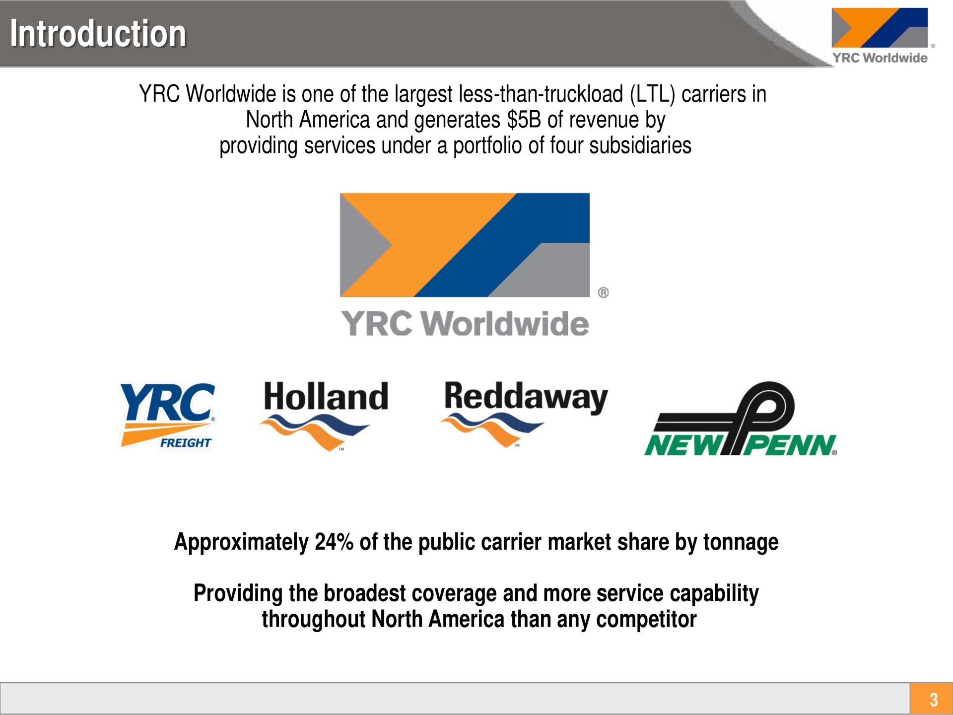 introduction is one of the less than truckload carriers in north and generates of revenue by providing services under a portfolio of four subsidiaries approximately of the public carrier market share by tonnage providing the coverage and more service capability throughout north than any competitor fan | Yellow Corporation