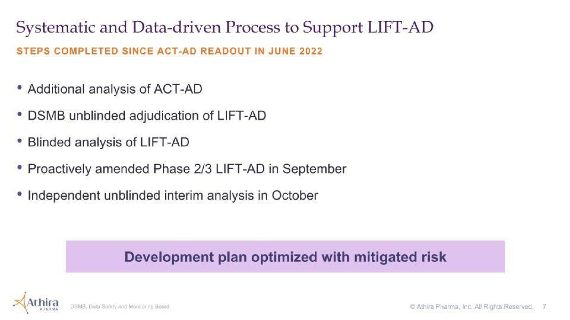 systematic and data driven process to support lift blinded analysis of lift development plan optimized with mitigated risk | Athira Pharma
