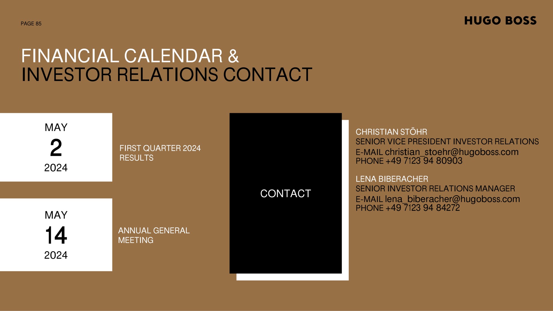 financial calendar investor relations contact | Hugo Boss