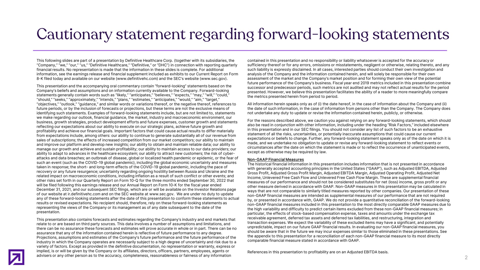 cautionary statement regarding forward looking statements | Definitive Healthcare
