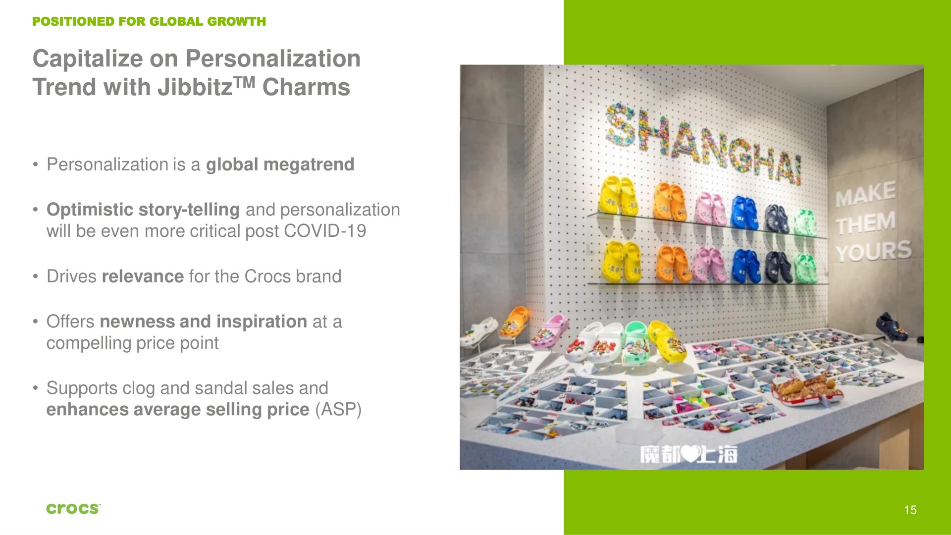capitalize on personalization trend with charms personalization is a global optimistic story telling and personalization will be even more critical post covid drives relevance for the brand offers newness and inspiration at a compelling price point supports clog and sandal sales and enhances average selling price asp | Crocs