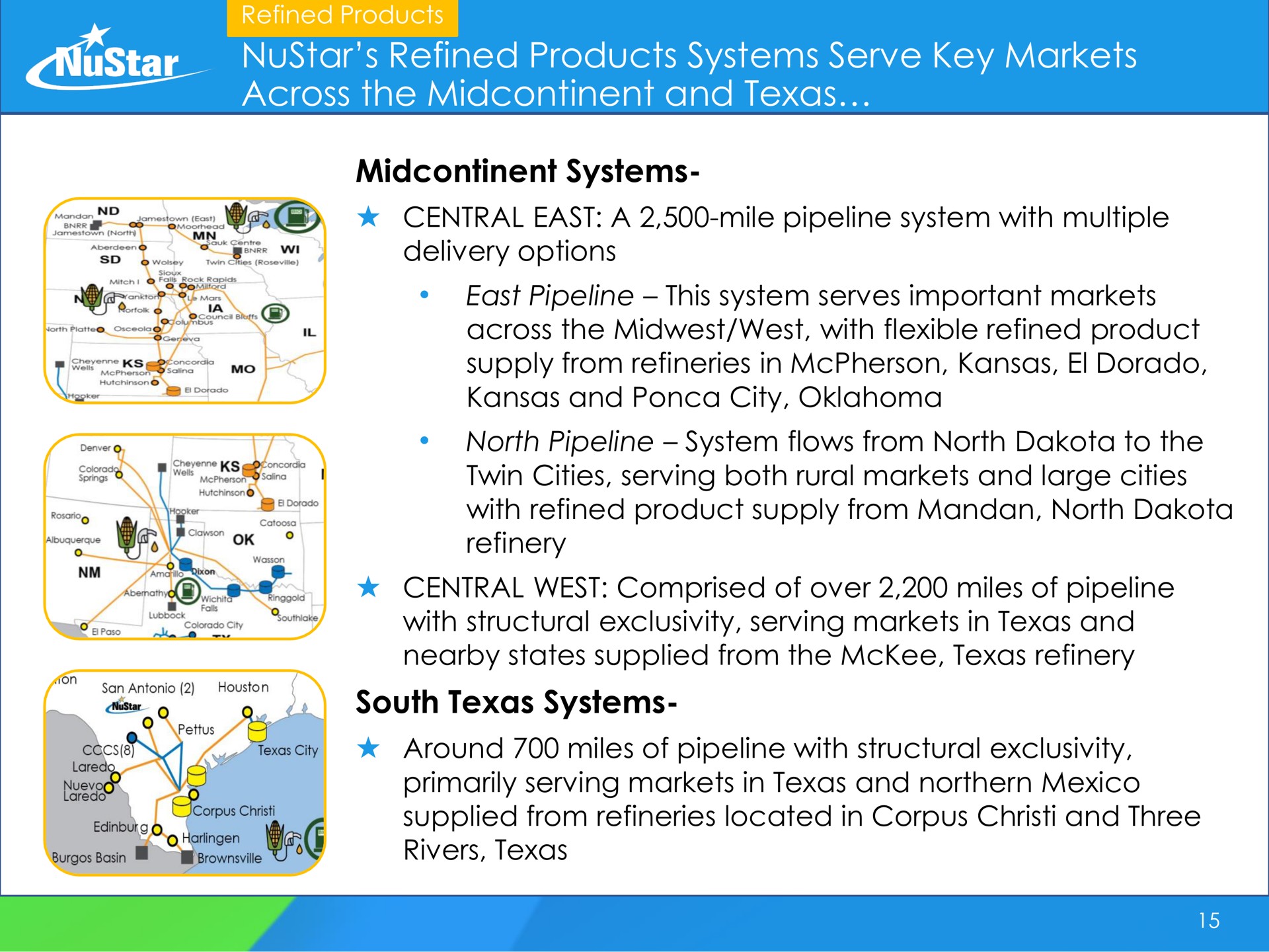 refined products systems serve key markets across the and systems south systems star central east a mile pipeline system with multiple a delivery options east pipeline this system serves important | NuStar Energy