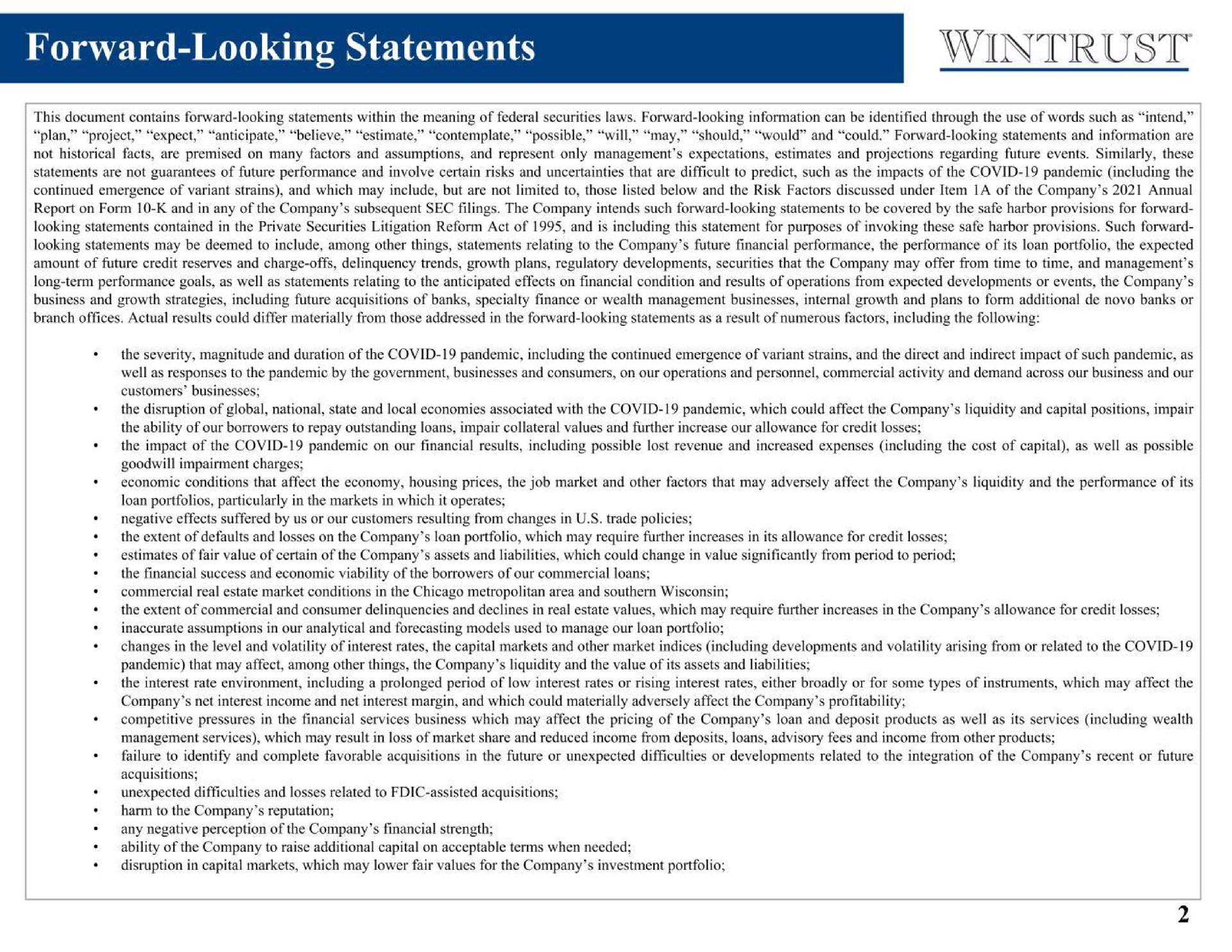forward looking statements | Wintrust Financial