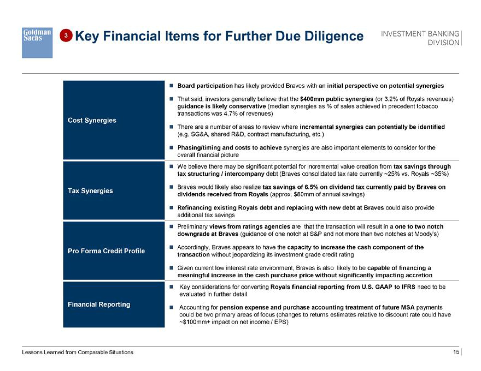 key financial items for further due diligence | Goldman Sachs