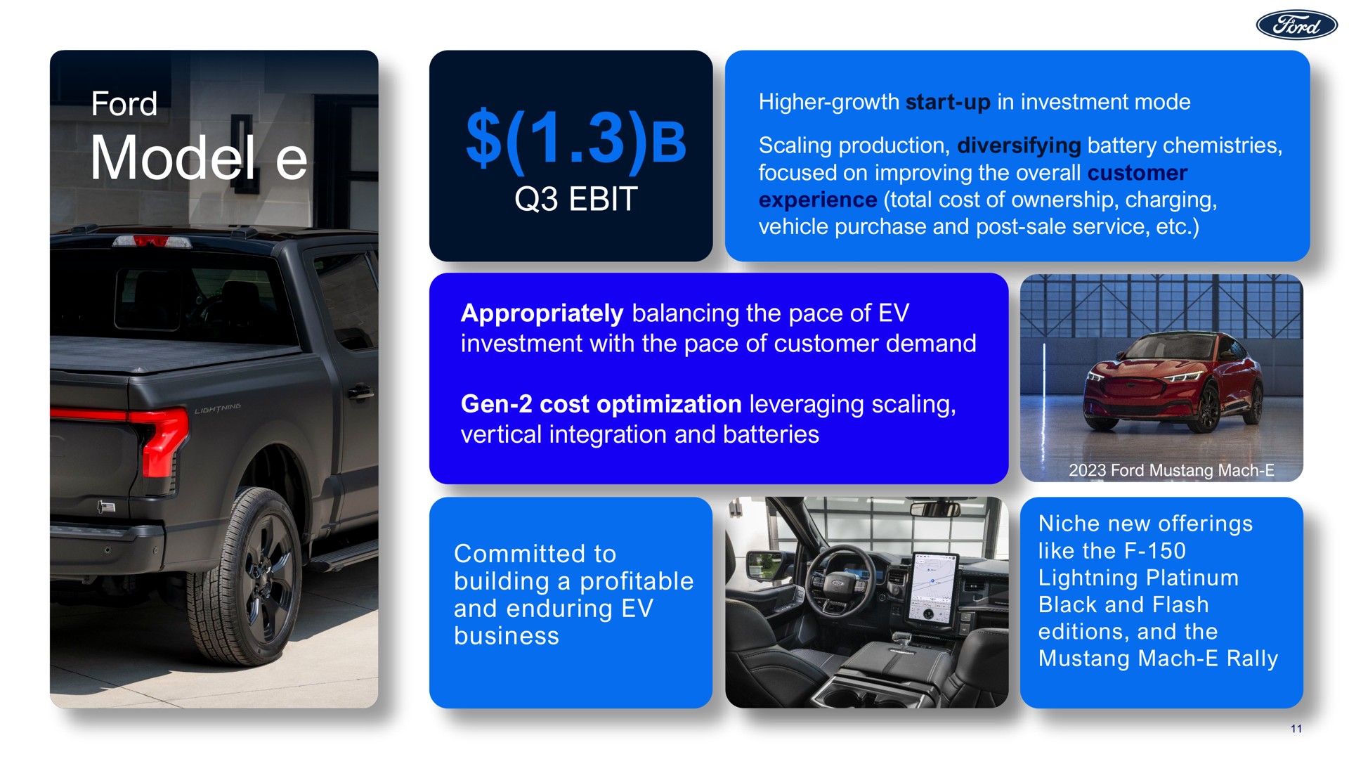 ford model appropriately balancing the pace of investment with the pace of customer demand gen cost optimization leveraging scaling vertical integration and batteries committed to building a profitable and enduring business | Ford