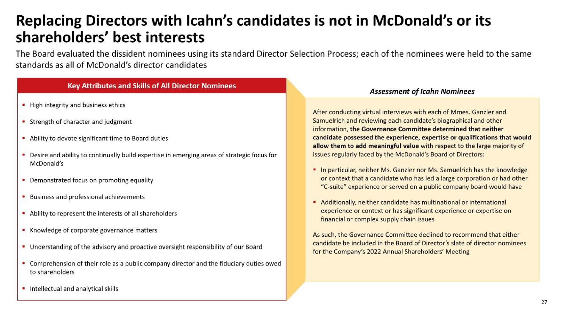 replacing directors with candidates is not in or its shareholders best interests | McDonald's