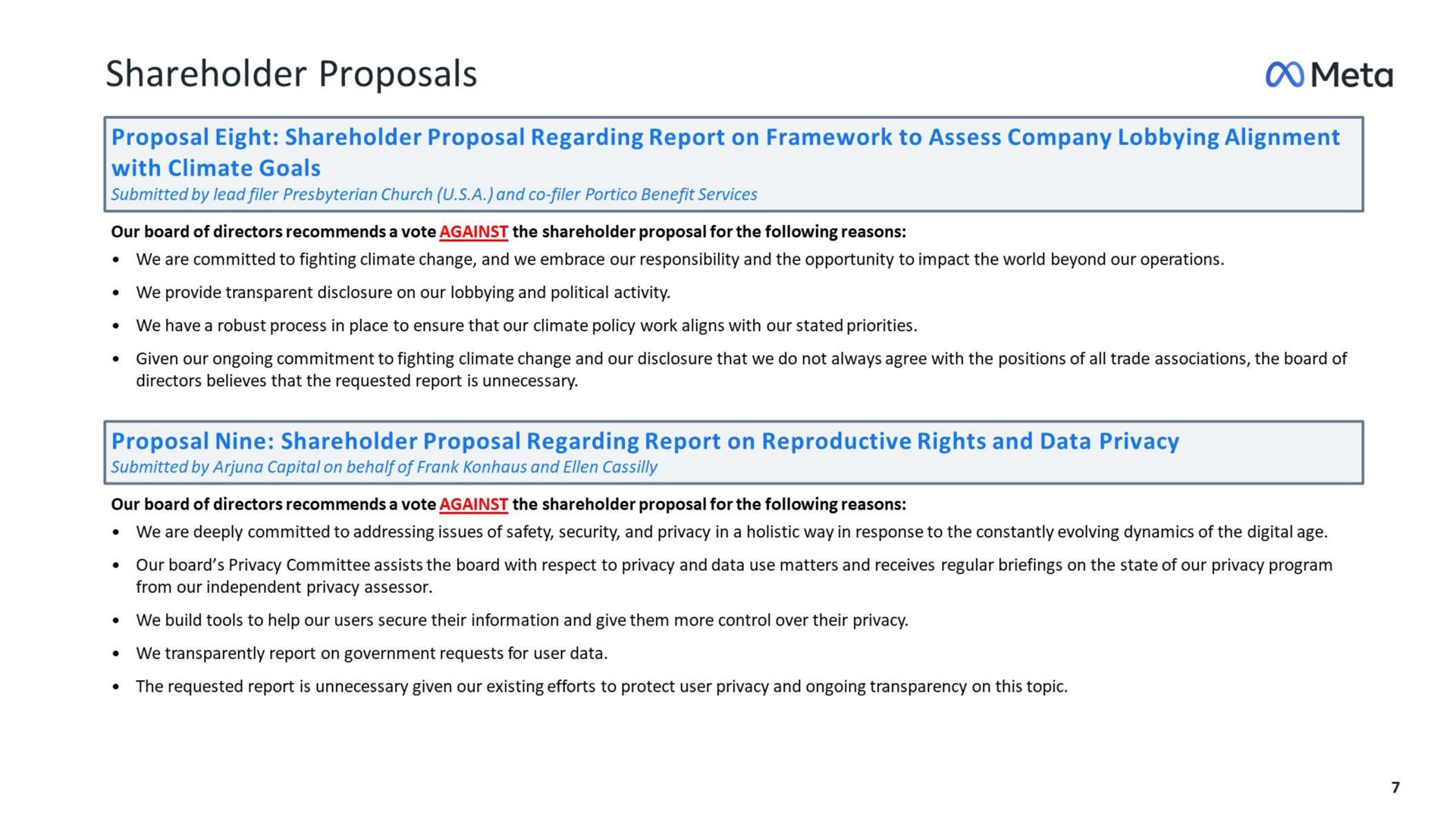 shareholder proposals meta proposal eight shareholder proposal regarding report on framework to assess company lobbying alignment with climate goals proposal nine shareholder proposal regarding report on reproductive rights and data privacy | Meta