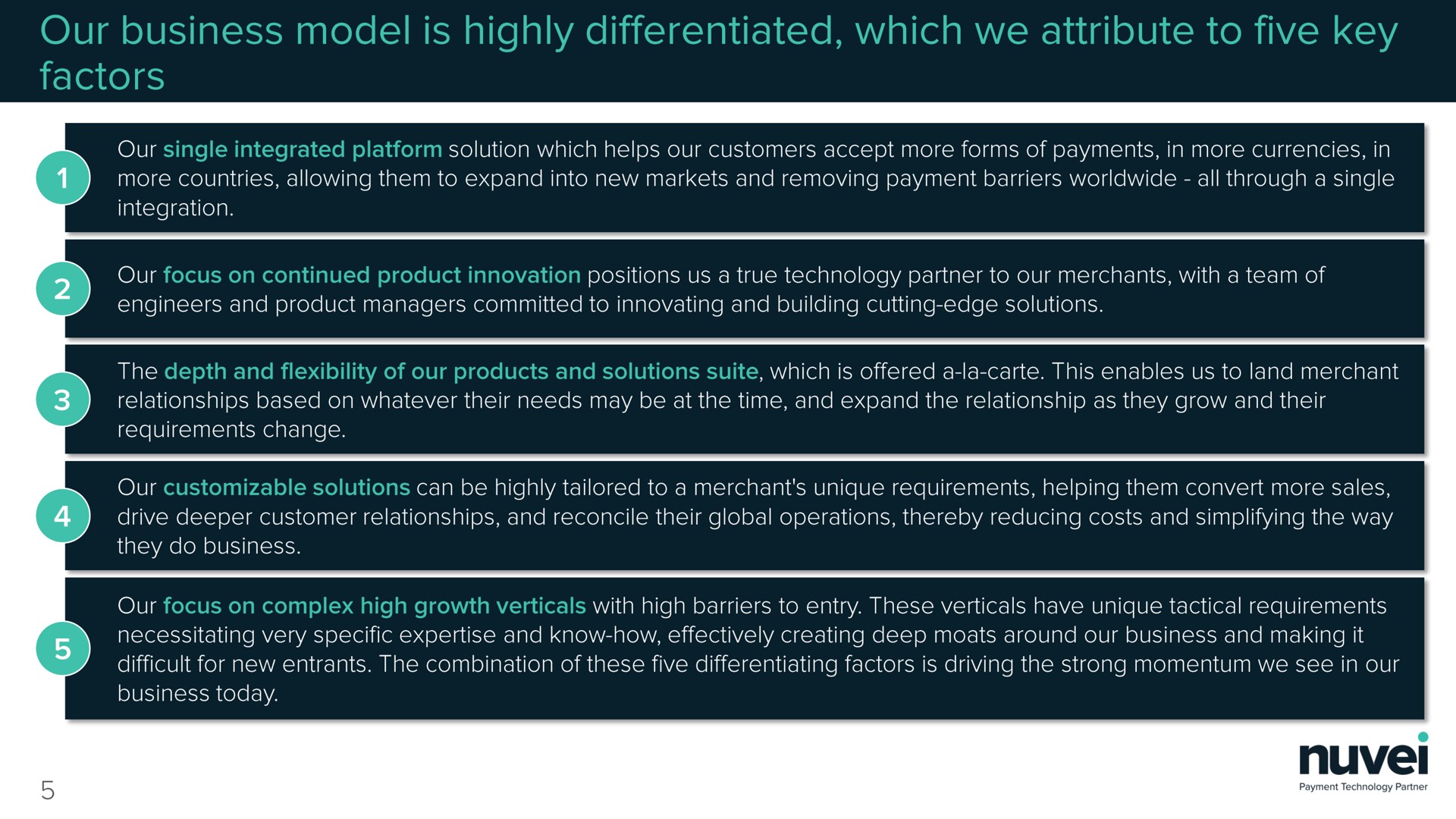 our business model is highly differentiated which we attribute to five key factors | Nuvei