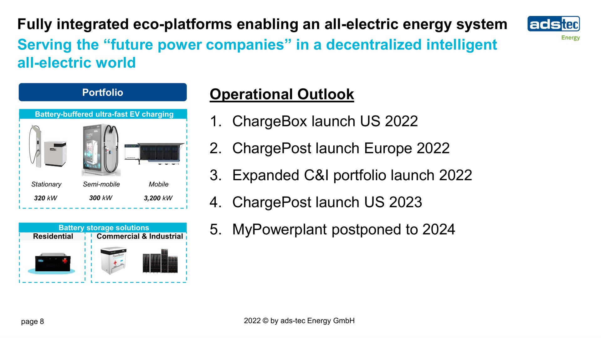 fully integrated platforms enabling an all electric energy system serving the future power companies in a decentralized intelligent all electric world operational outlook launch us launch expanded i portfolio launch launch us postponed to at stationary one | ads-tec Energy