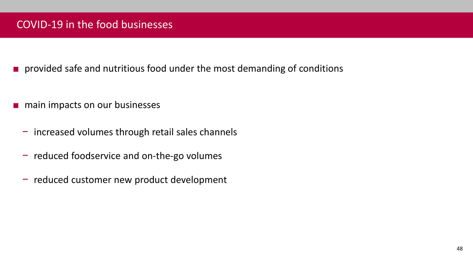 covid in the food businesses provided safe and nutritious food under the most demanding of conditions main impacts on our businesses increased volumes through retail sales channels reduced and on the go volumes reduced customer new product development | Associated British Foods
