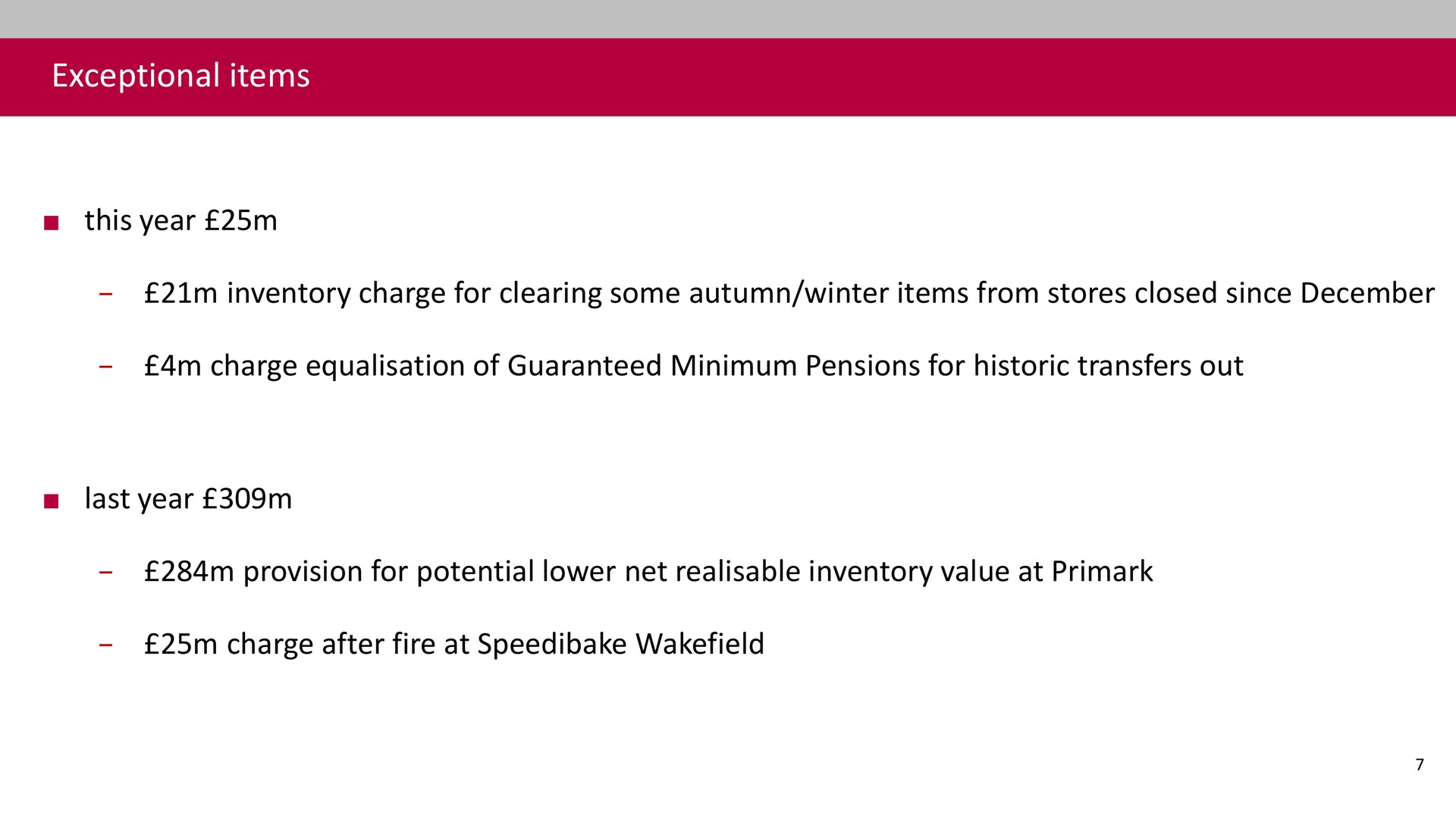 exceptional items this year inventory charge for clearing some autumn winter items from stores closed since charge of guaranteed minimum pensions for historic transfers out last year provision for potential lower net inventory value at charge after fire at | Associated British Foods