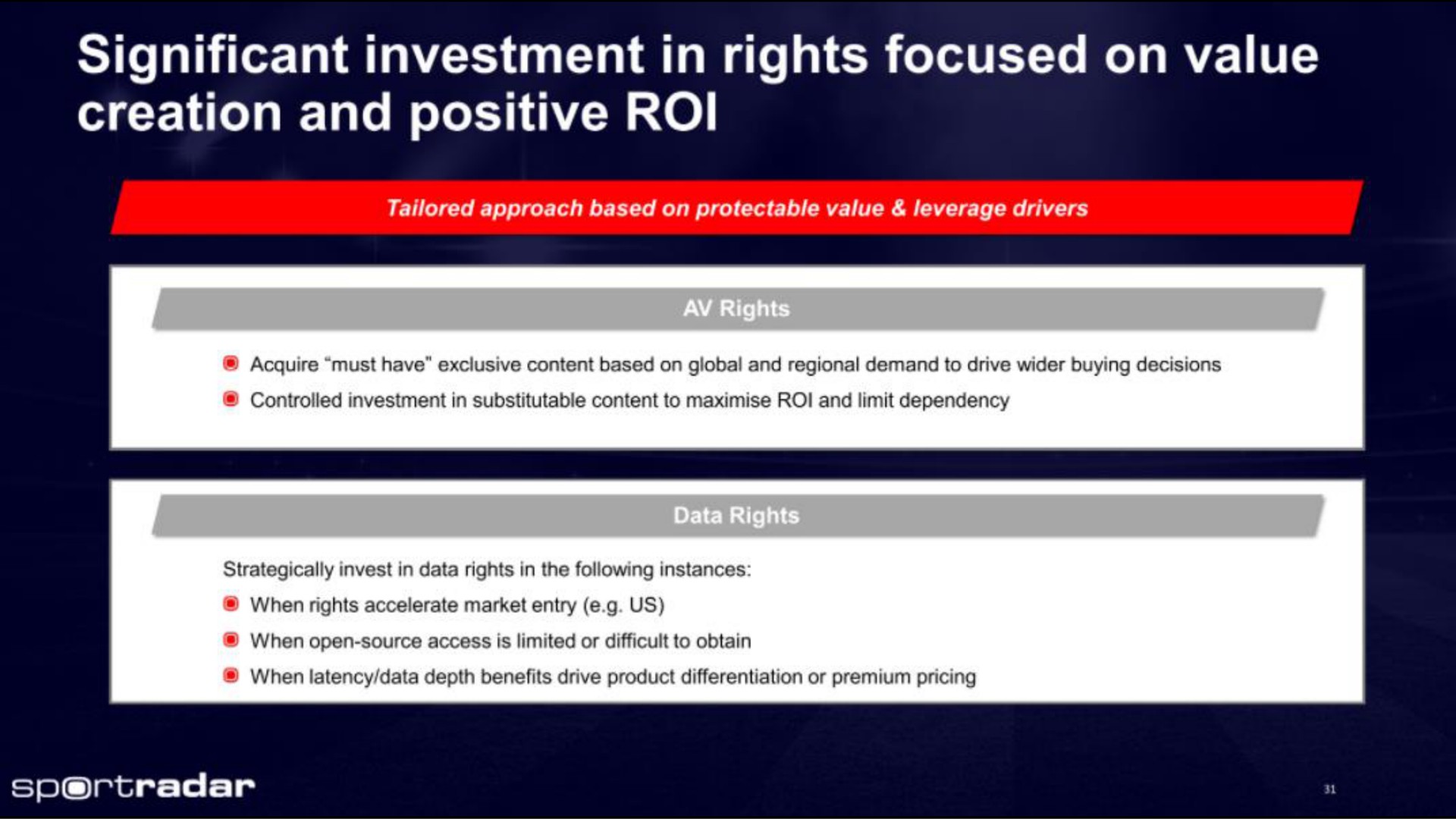 significant investment in rights focused on value creation and positive roi | Sportradar