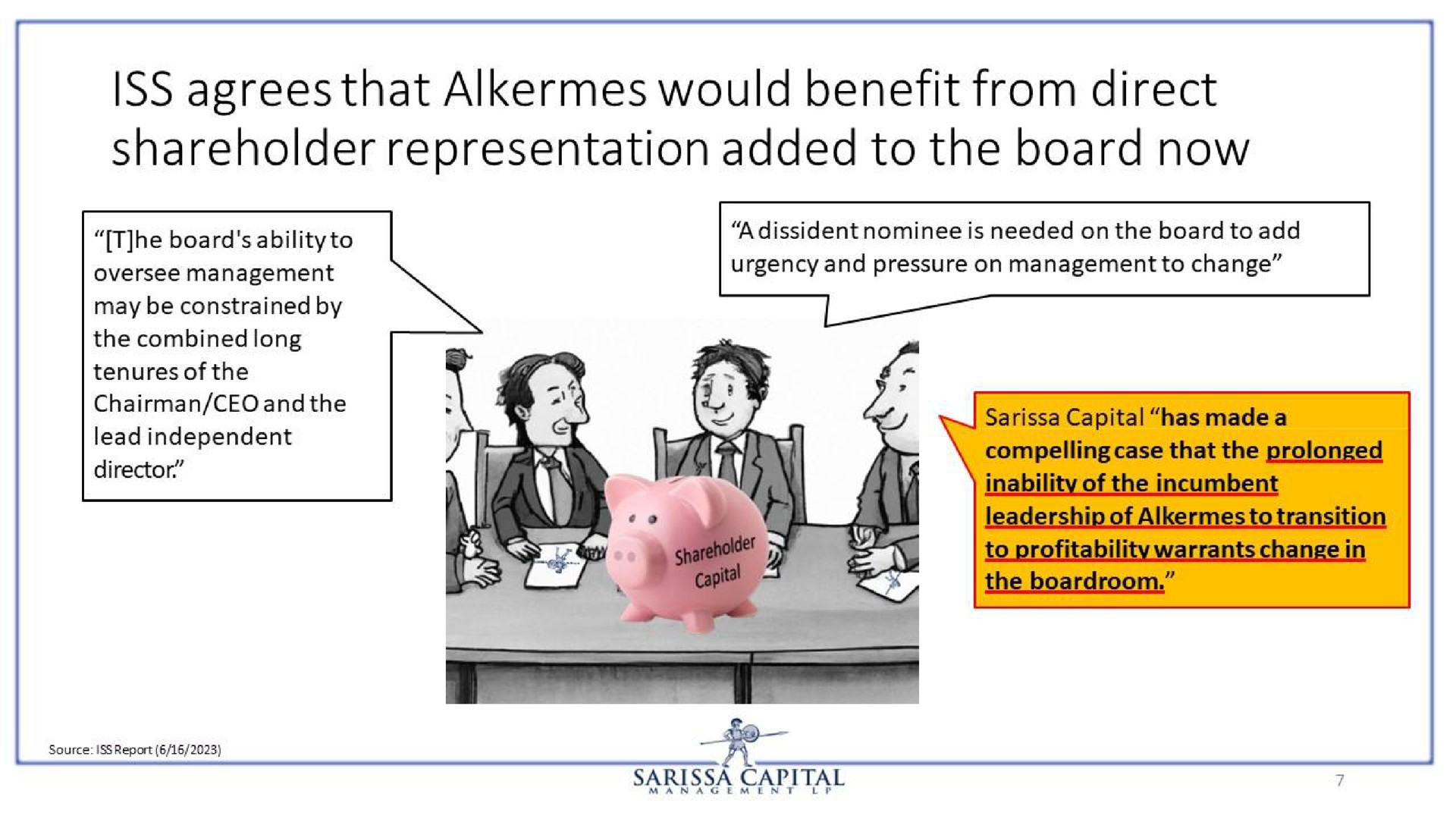 iss agrees that alkermes would benefit from direct shareholder representation added to the board now | Sarissa Capital