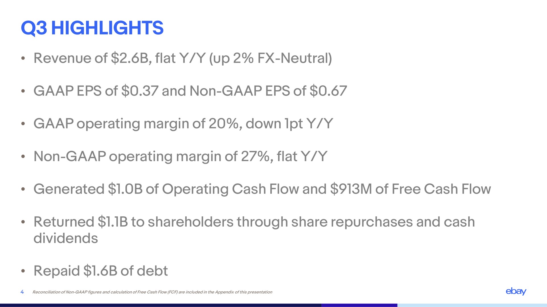 highlights revenue of flat up neutral of and non of operating margin of down non operating margin of flat generated of operating cash flow and of free cash flow returned to shareholders through share repurchases and cash dividends repaid of debt | eBay