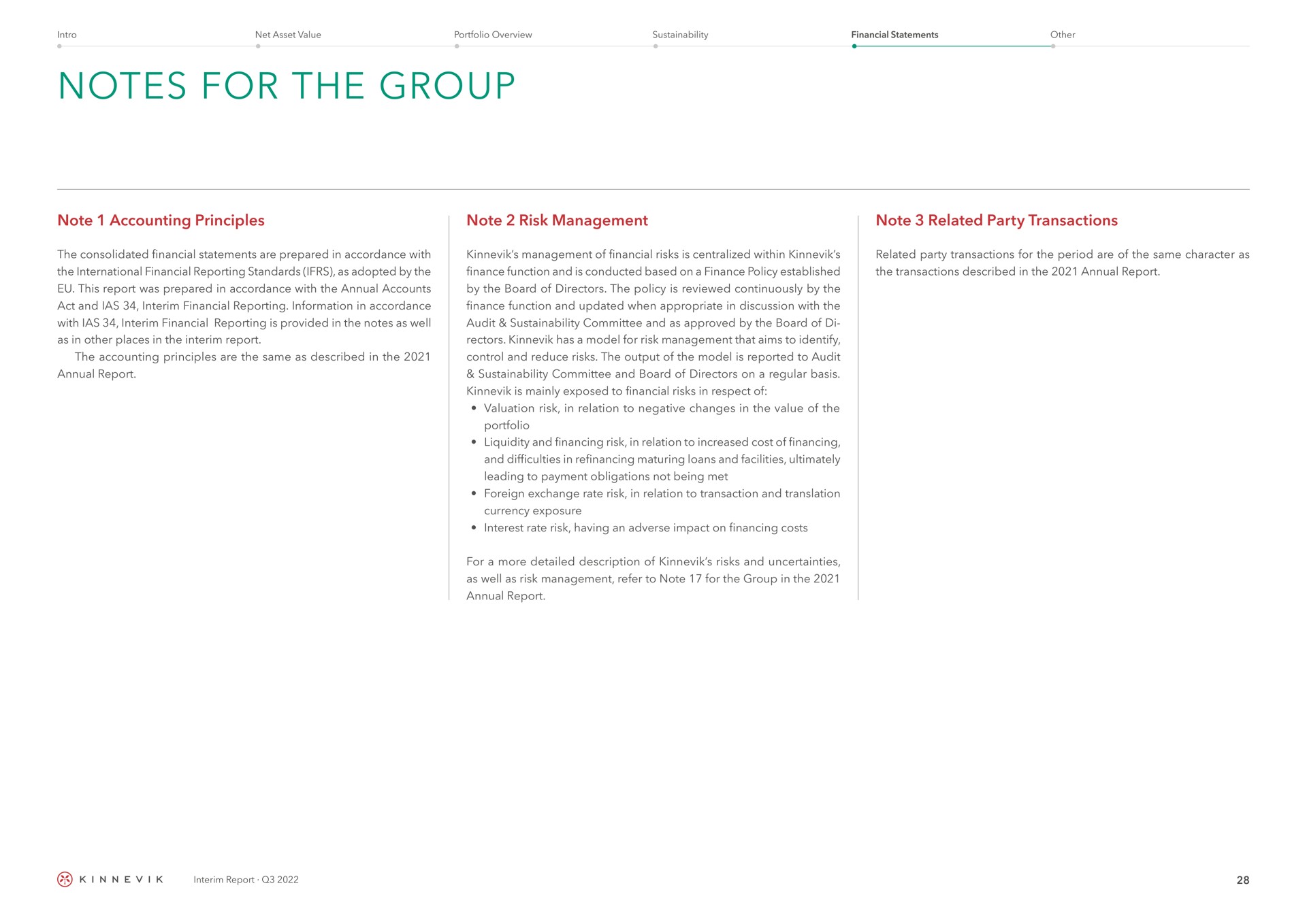 notes for the group note accounting principles note risk management note related party transactions | Kinnevik