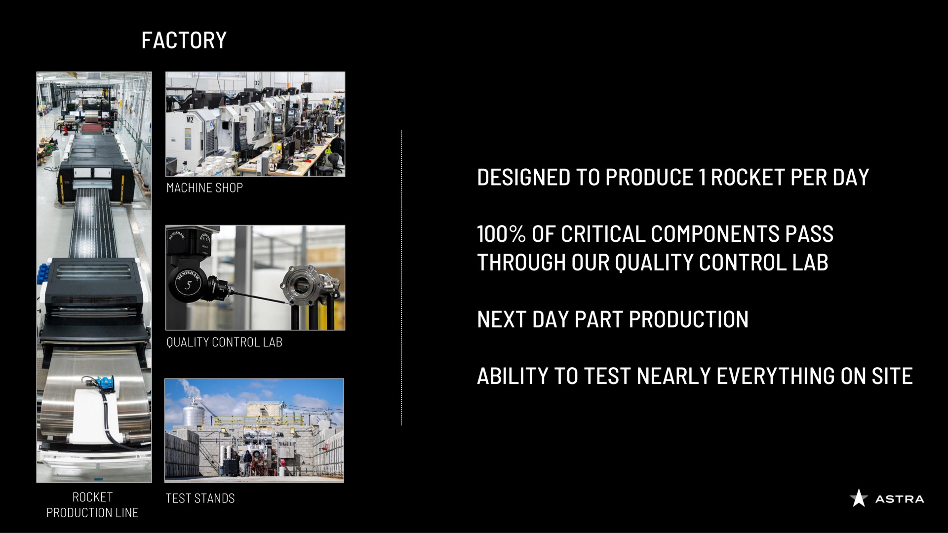 factory designed to produce rocket per day of critical components pass through our quality control lab next day part production ability to test nearly everything on site | Astra