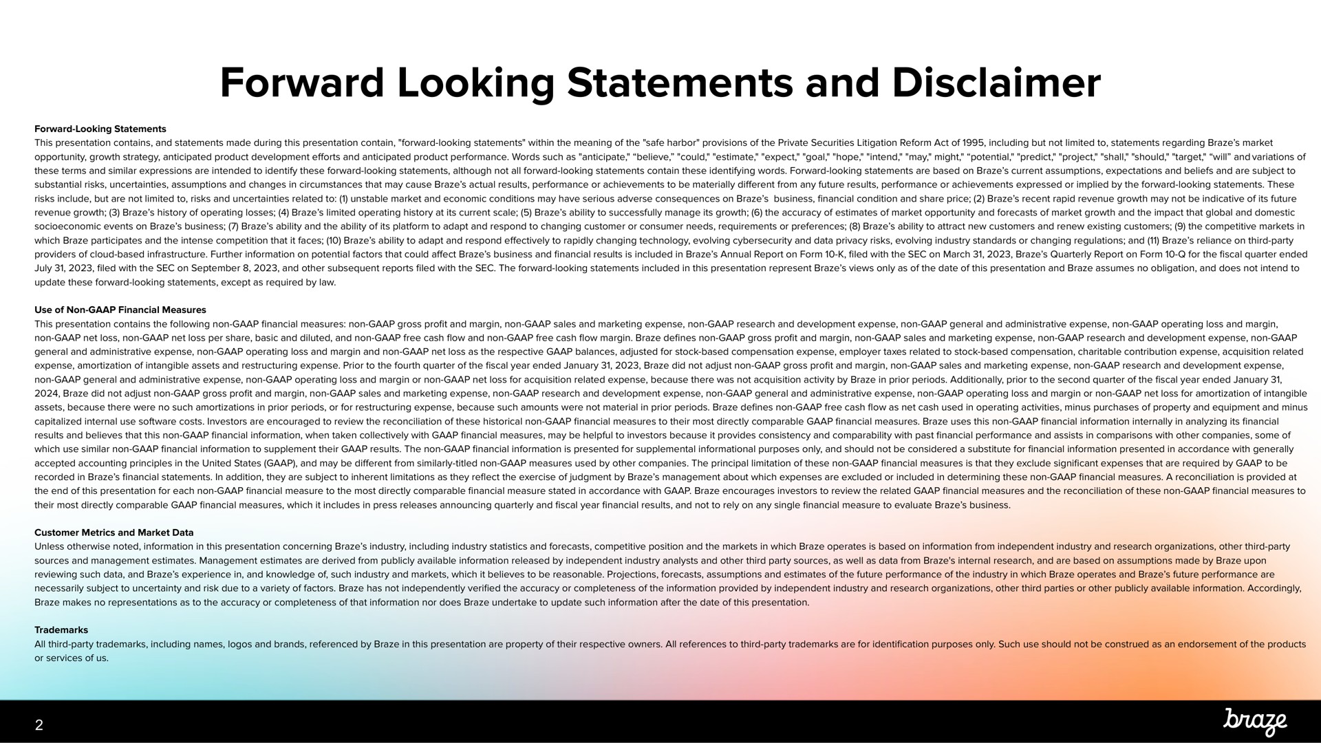 forward looking statements and disclaimer seers | Braze