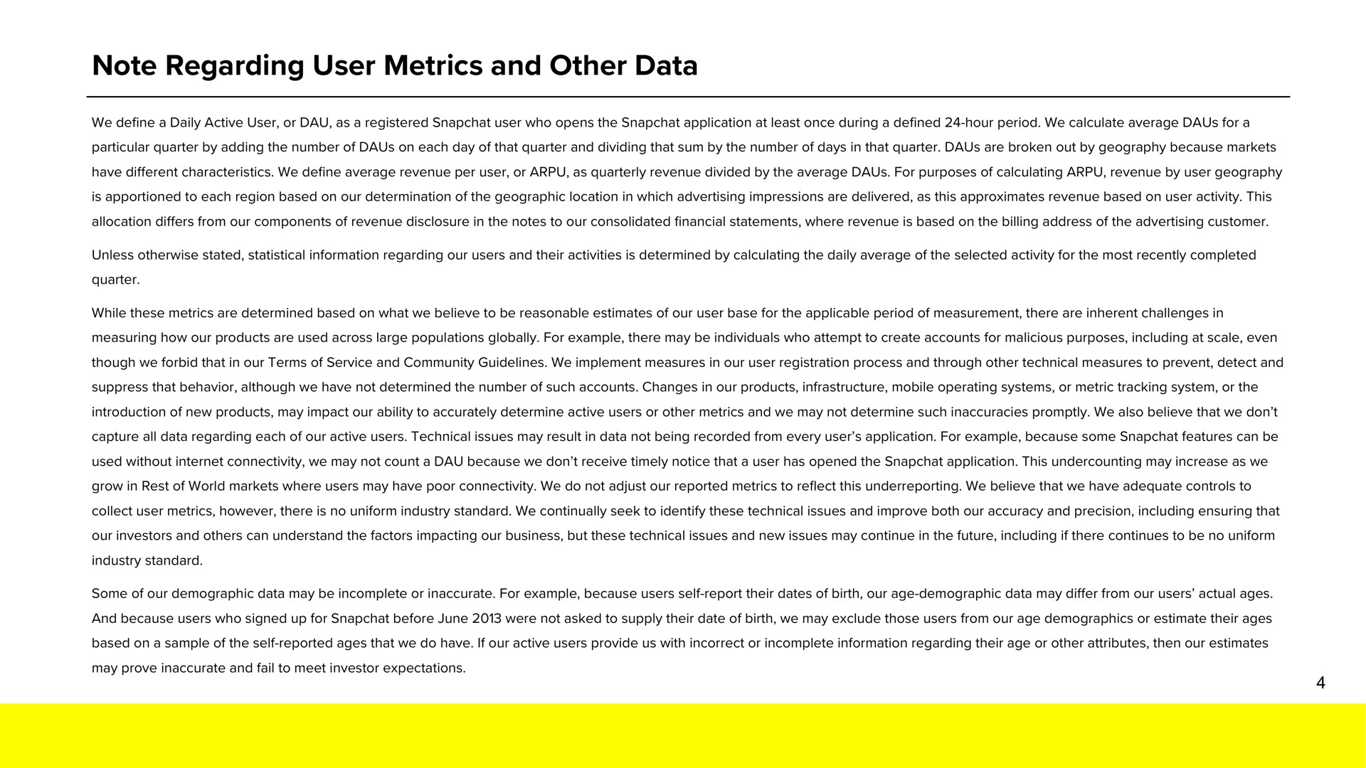 note regarding user metrics and other data | Snap Inc