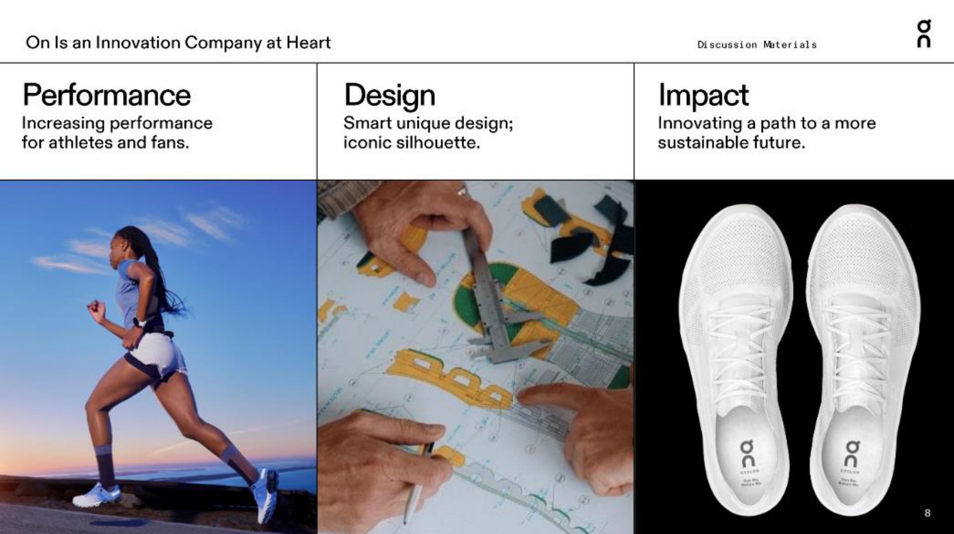 on is an innovation company at heart performance increasing performance for athletes and fans design smart unique design iconic silhouette impact innovating a path to a more sustainable future | On Holding