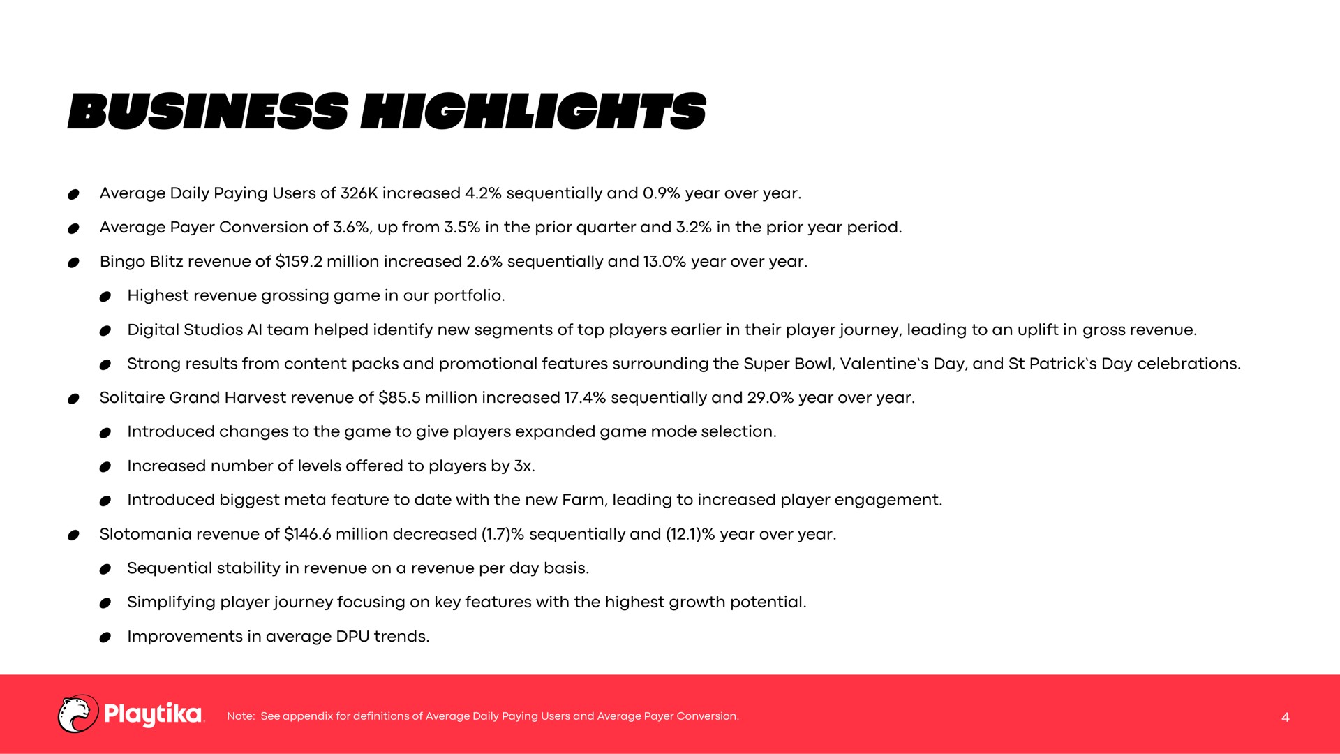 business highlights | Playtika