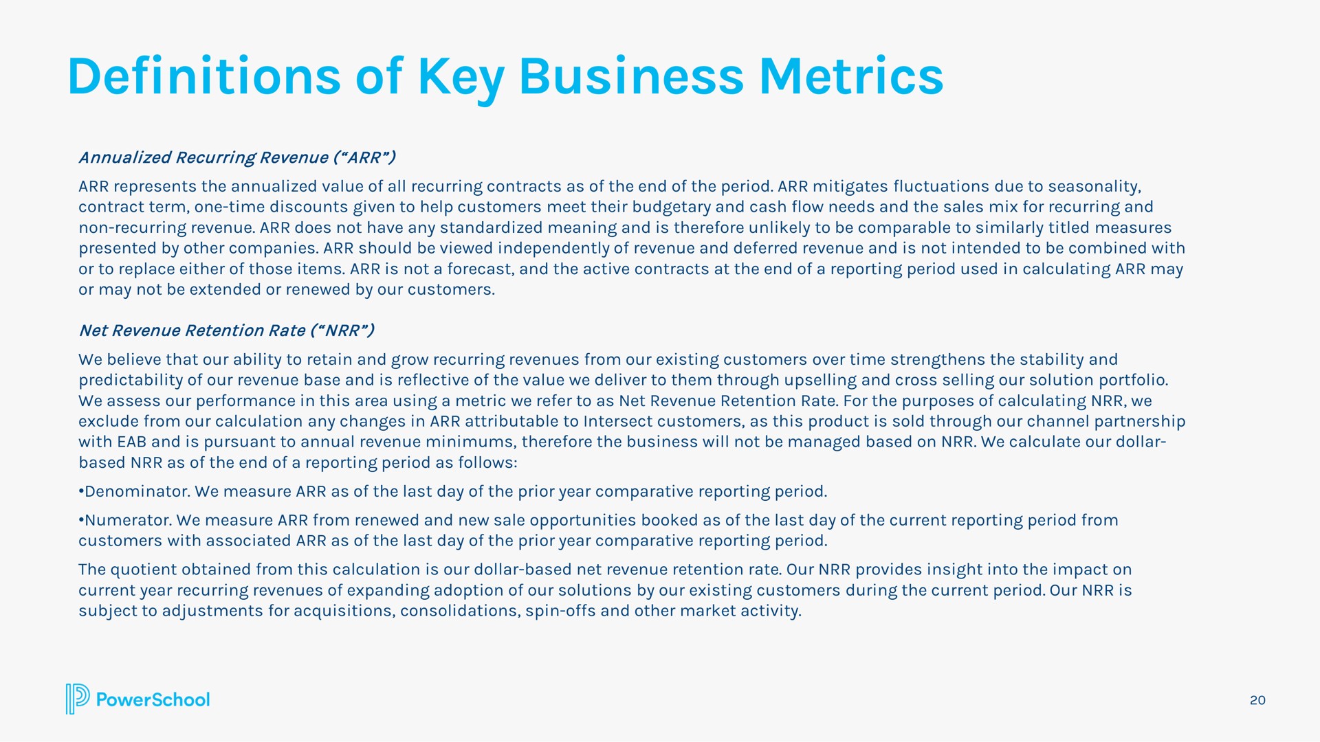 definitions of key business metrics | PowerSchool
