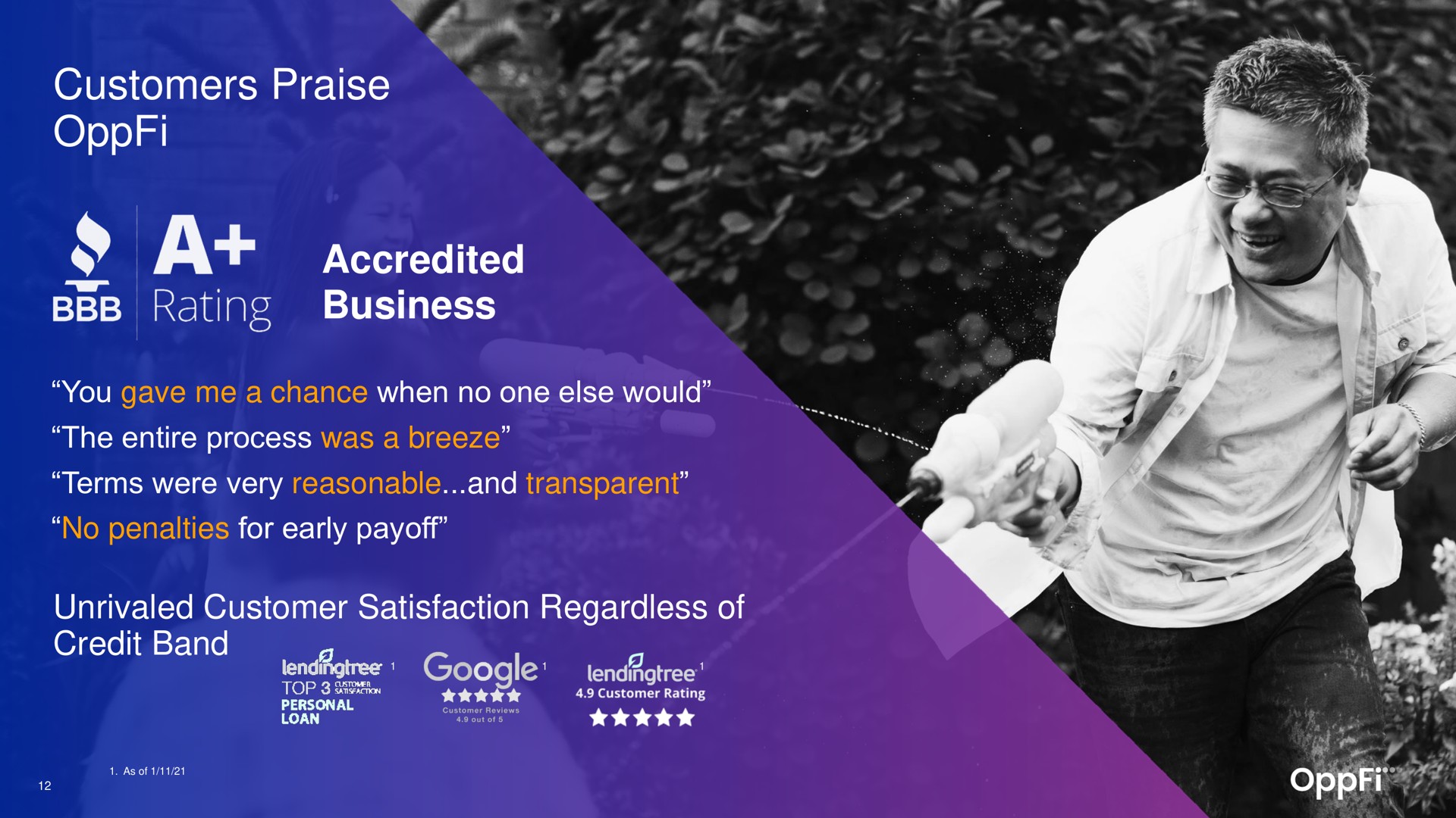 customers praise accredited business you gave me a chance when no one else would the entire process was a breeze terms were very reasonable and transparent no penalties for early payoff unrivaled customer satisfaction regardless of credit band rating | OppFi