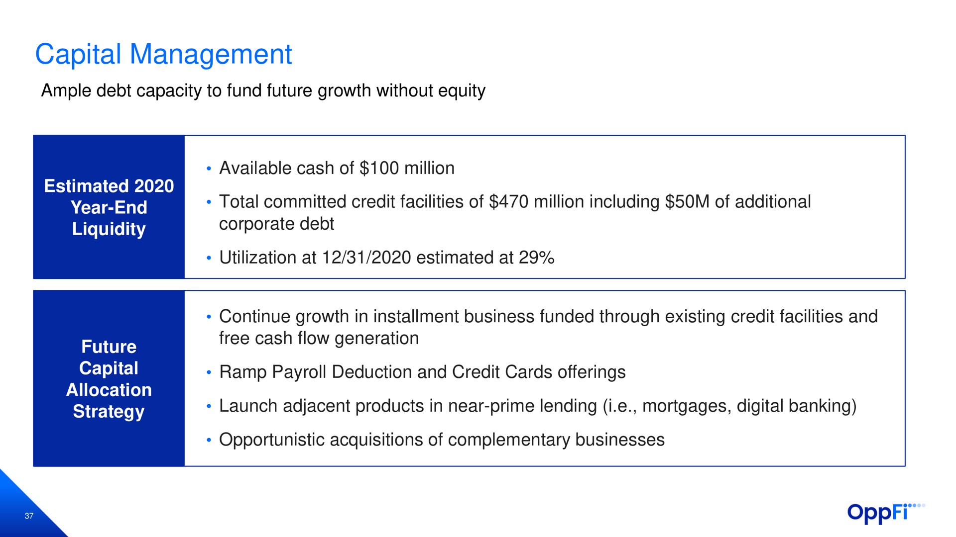 capital management ample debt capacity to fund future growth without equity available cash of million estimated year end liquidity total committed credit facilities of million including of additional corporate debt utilization at estimated at future capital allocation strategy continue growth in installment business funded through existing credit facilities and free cash flow generation ramp payroll deduction and credit cards offerings launch adjacent products in near prime lending i mortgages digital banking opportunistic acquisitions of complementary businesses | OppFi
