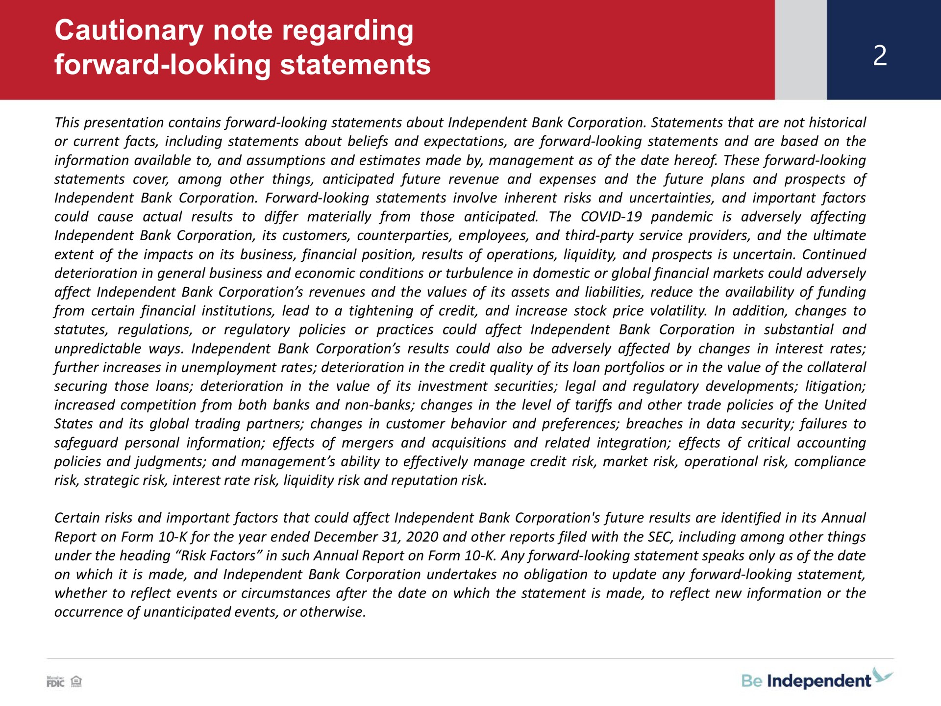 cautionary note regarding forward looking statements | Independent Bank Corp