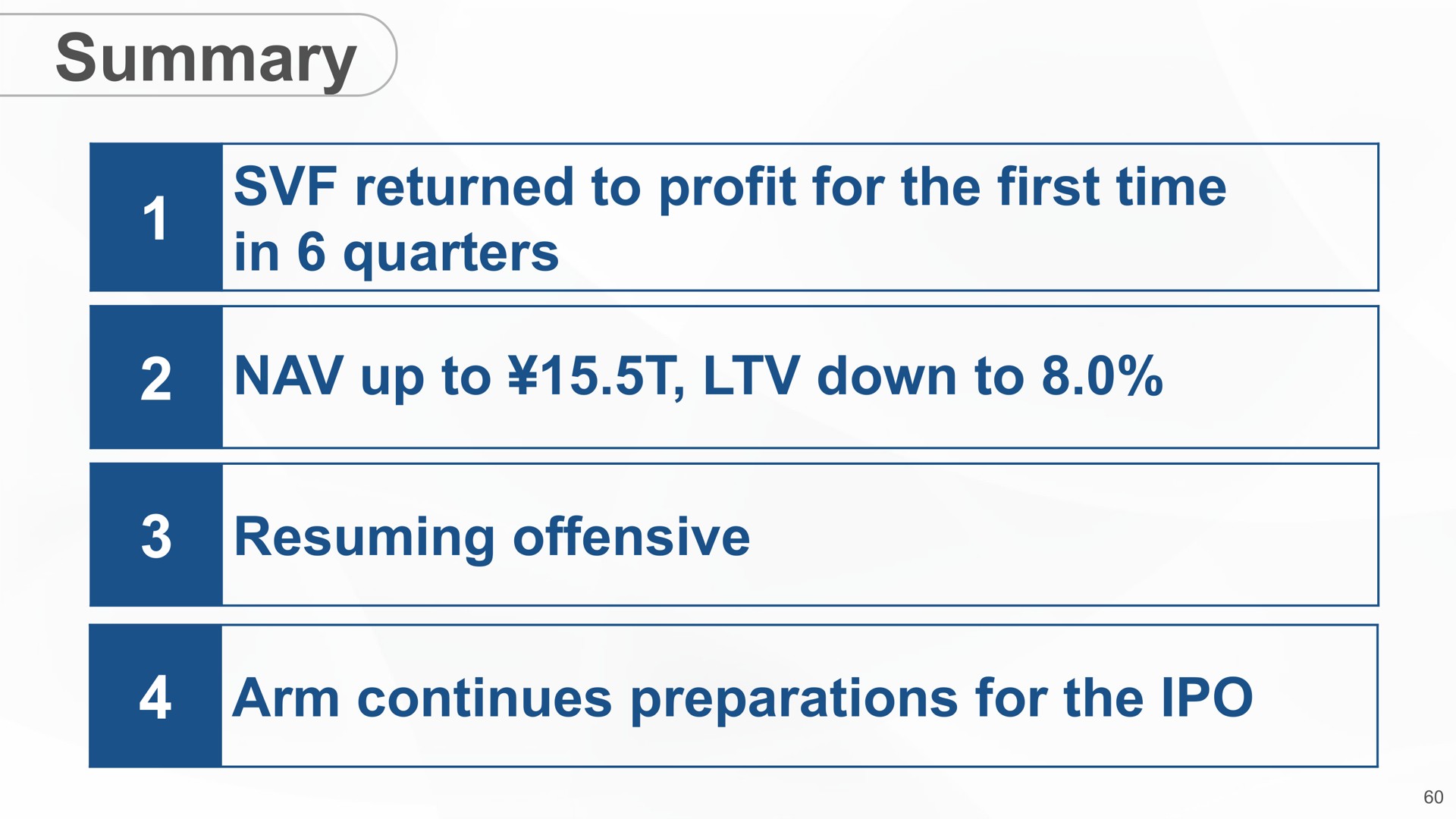 summary returned to profit for the first time in quarters up to down to resuming offensive arm continues preparations for the a | SoftBank