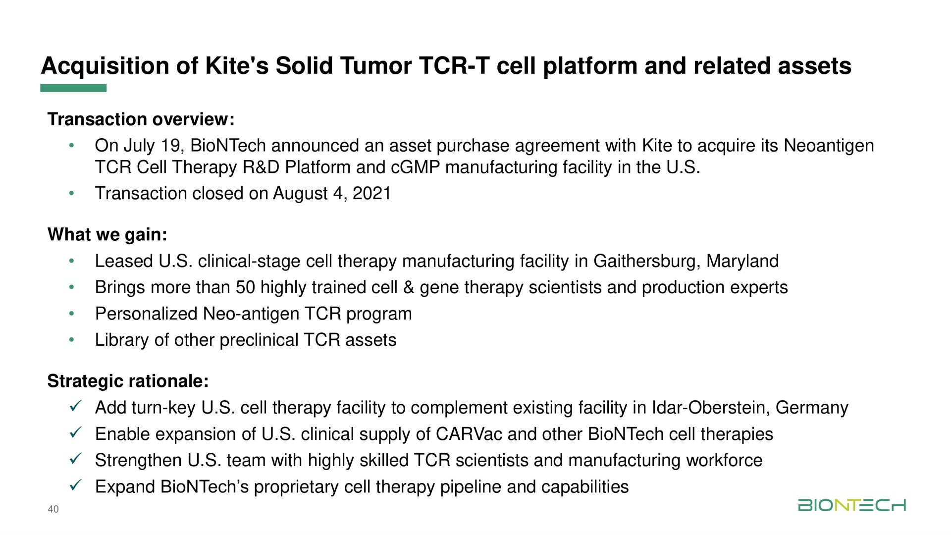 acquisition of kite solid tumor cell platform and related assets | BioNTech