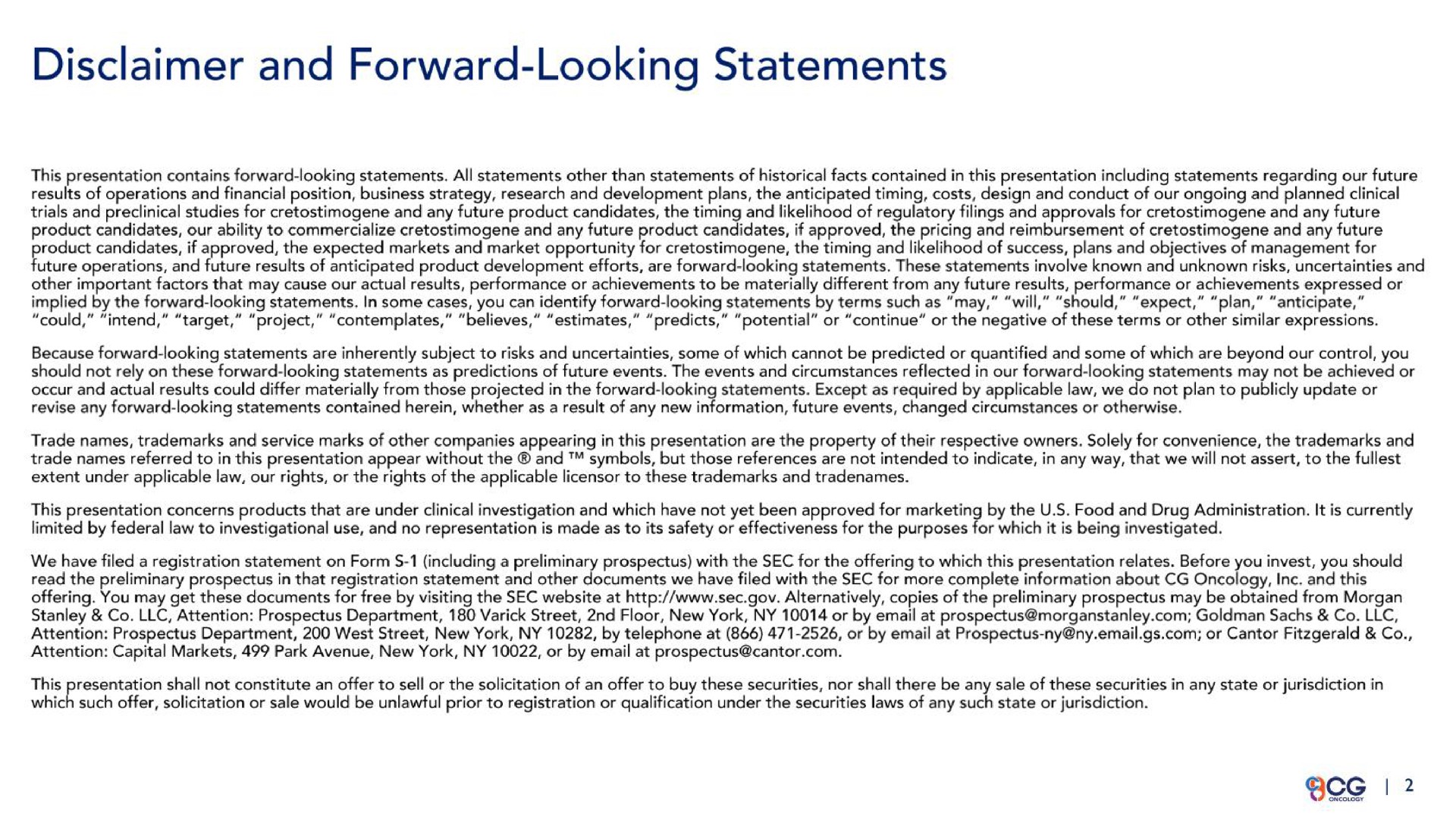 disclaimer and forward looking statements | CG Oncology