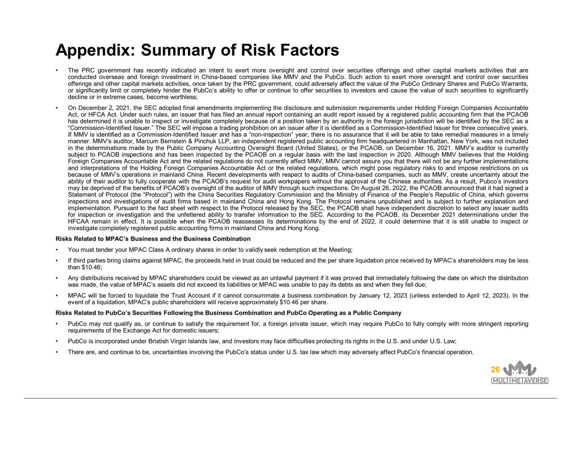 appendix summary of risk factors | MultiMetaVerse