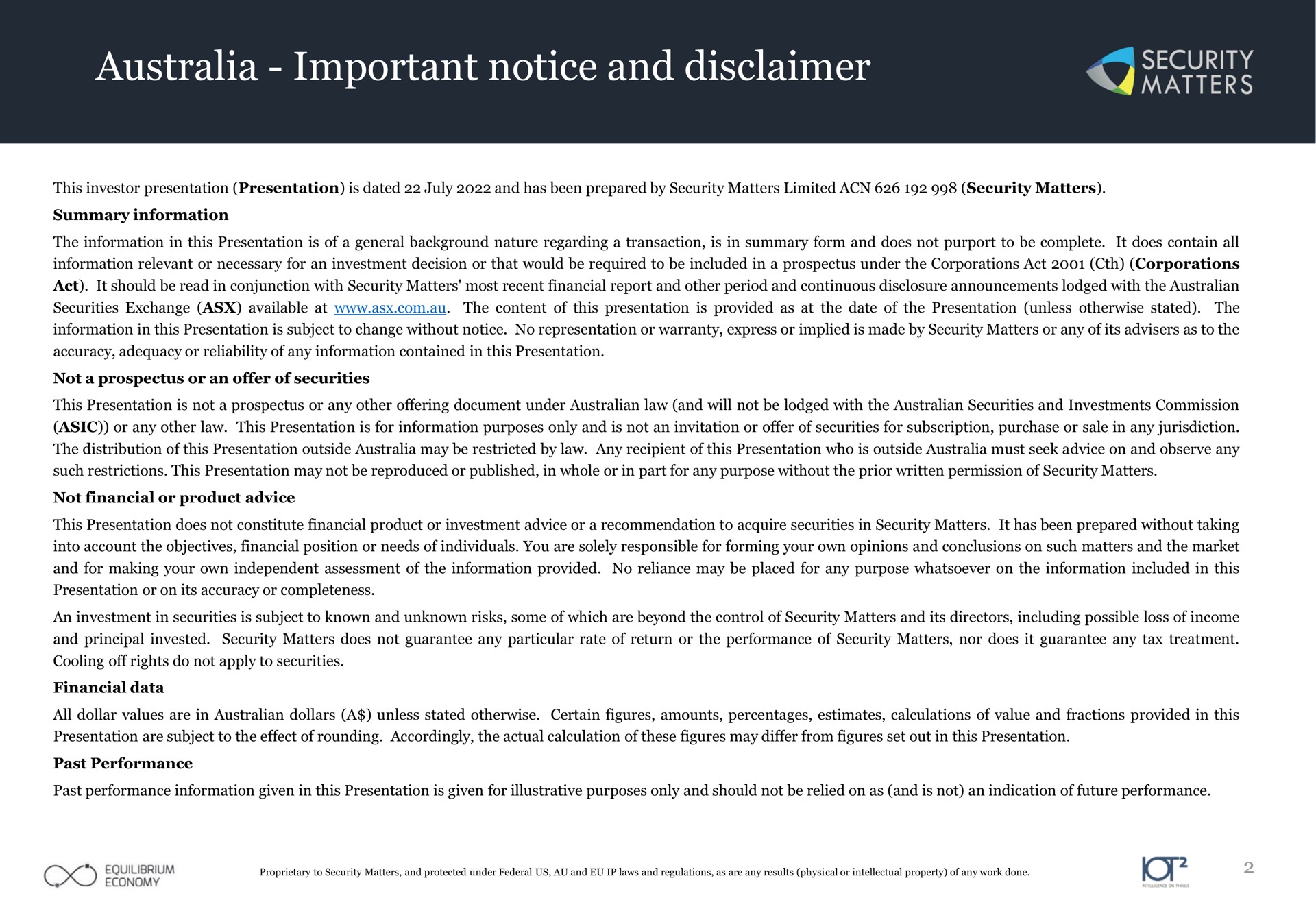 important notice and disclaimer | Security Matters