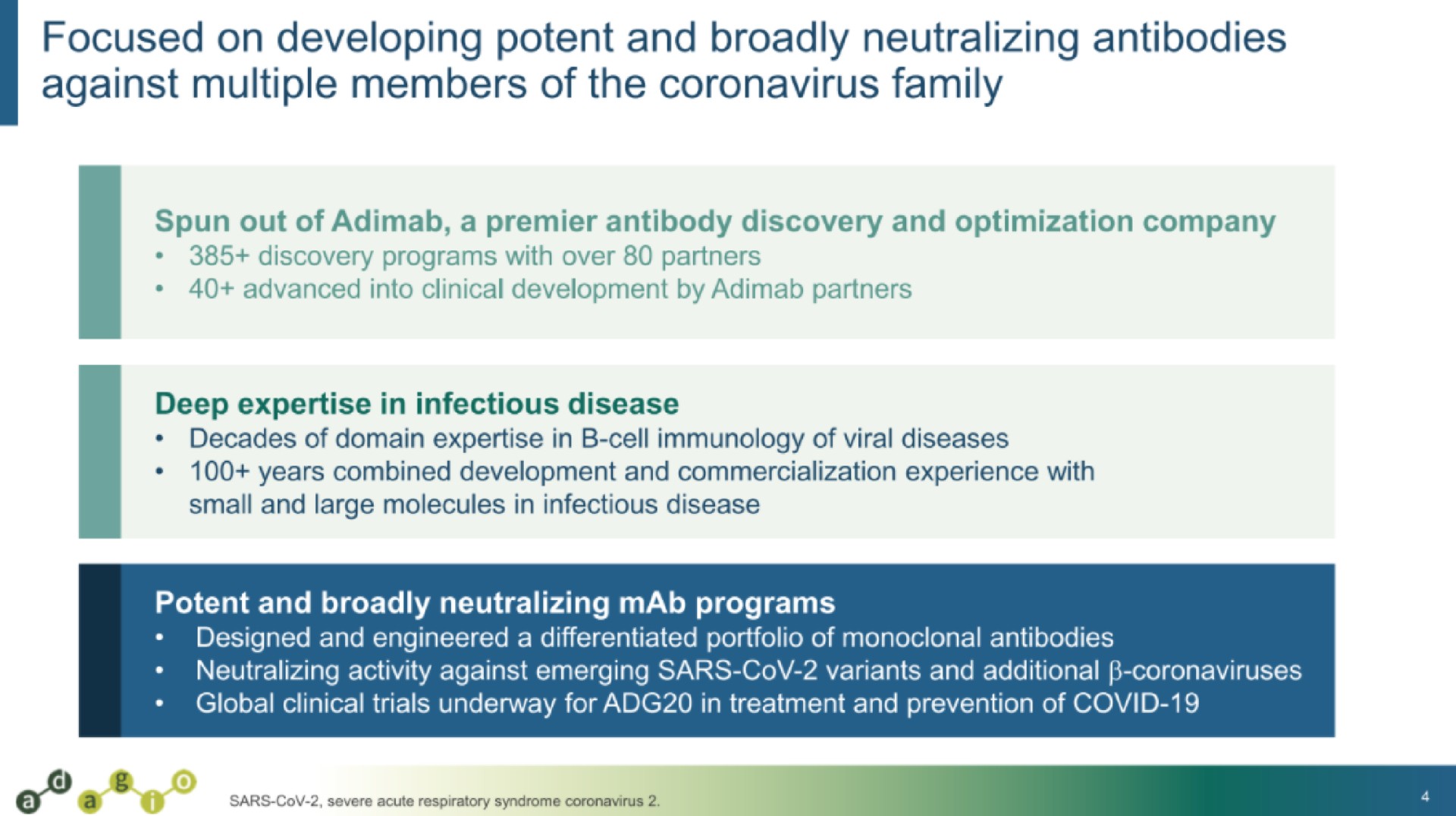 focused on developing potent and broadly neutralizing antibodies against multiple members of the family | Adagio Therapeutics