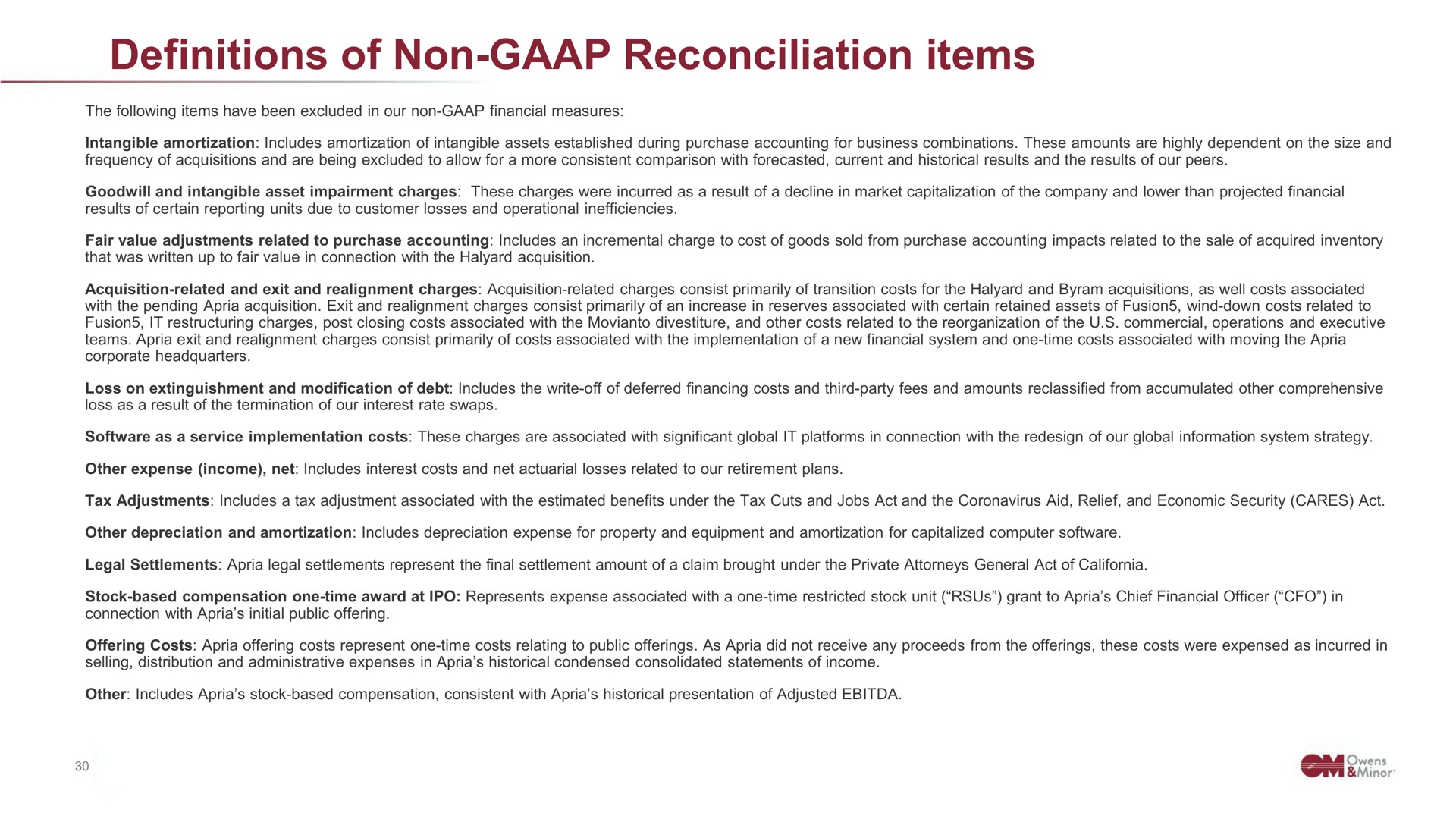 definitions of non reconciliation items | Owens&Minor