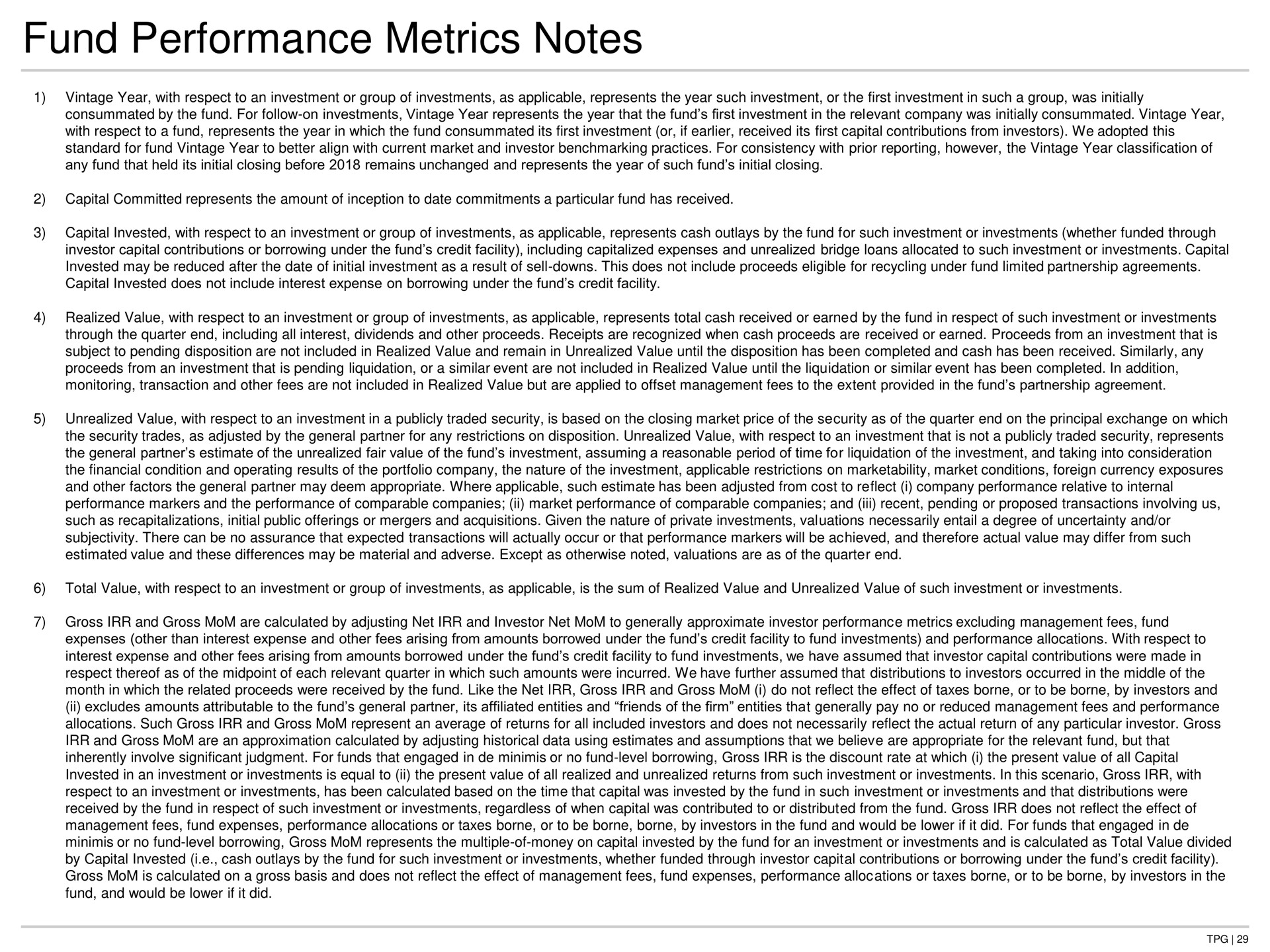 fund performance metrics notes | TPG