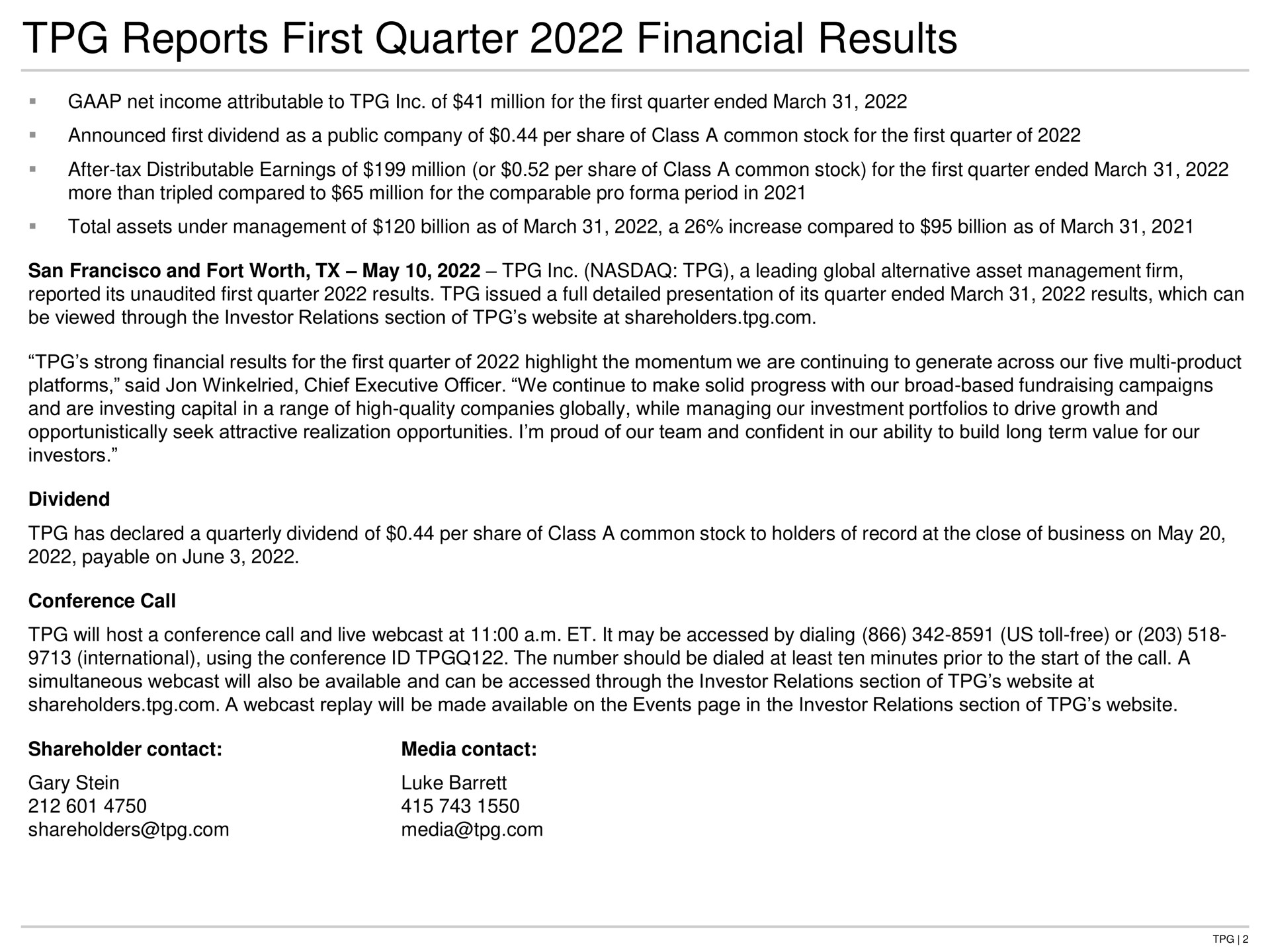reports first quarter financial results | TPG