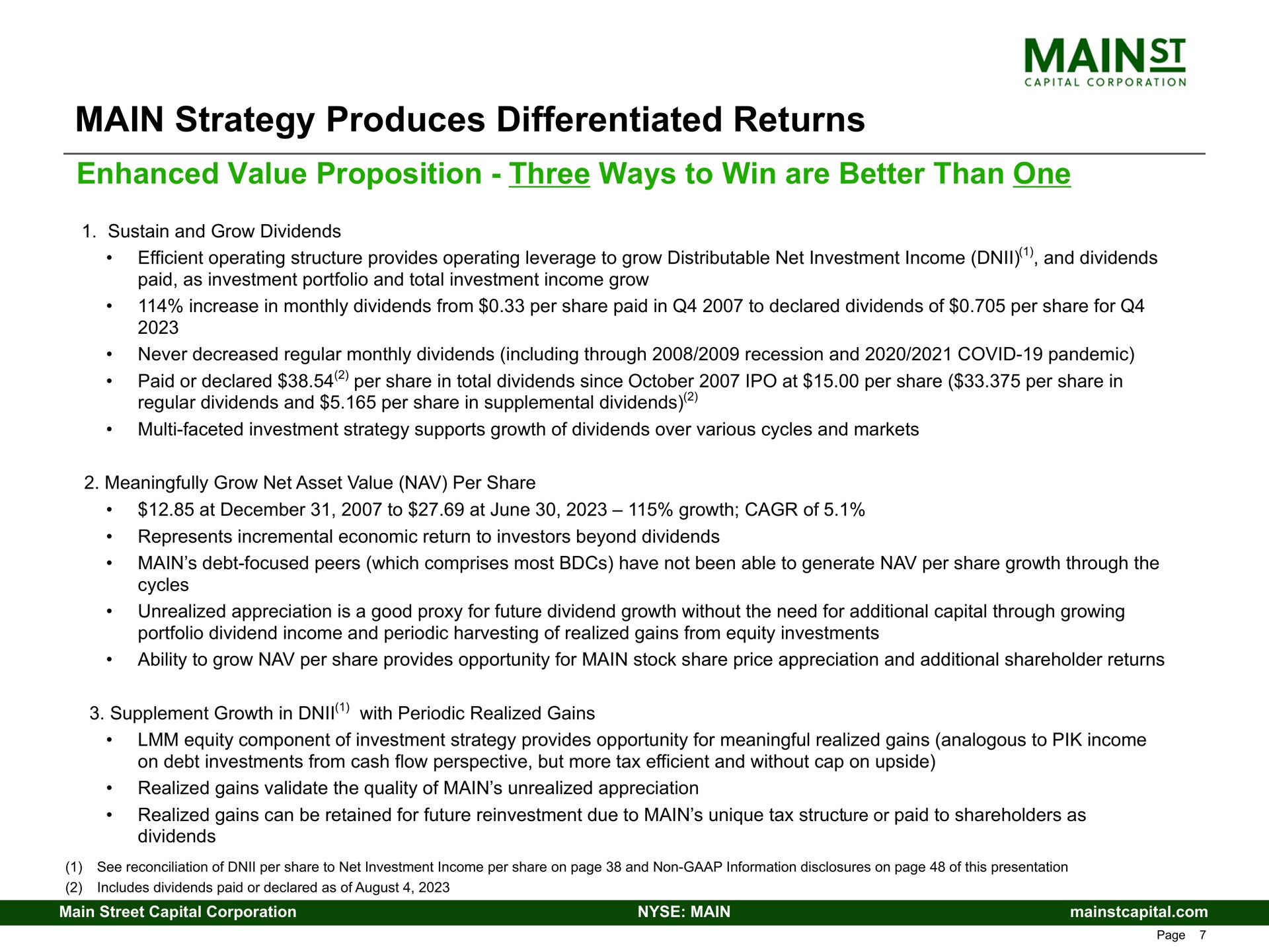 main strategy produces differentiated returns enhanced value proposition three ways to win are better than one mains | Main Street Capital