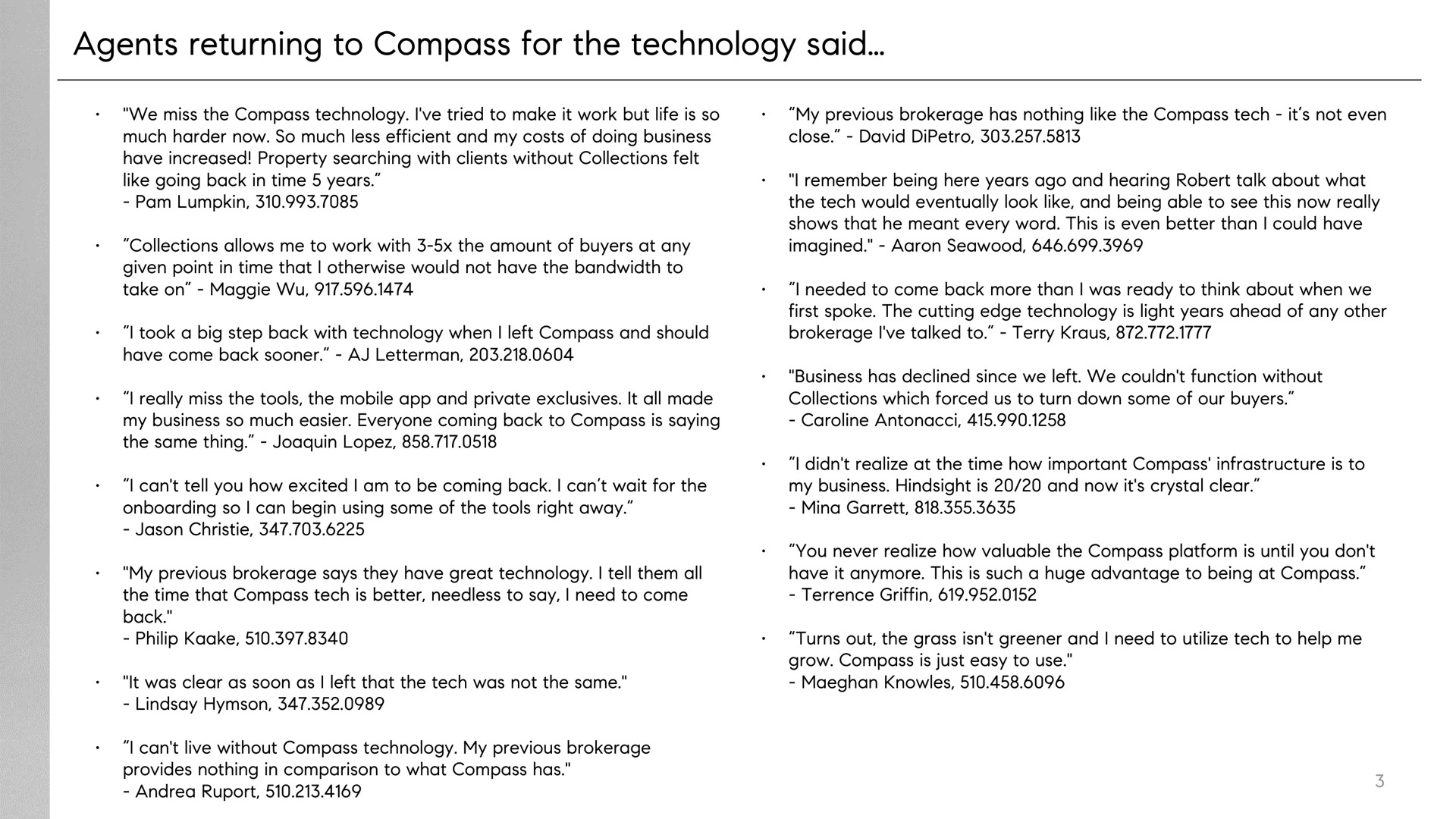 agents returning to compass for the technology said | Compass