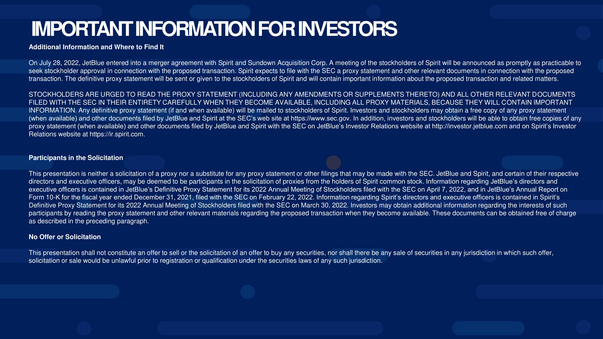 important information for investors | jetBlue