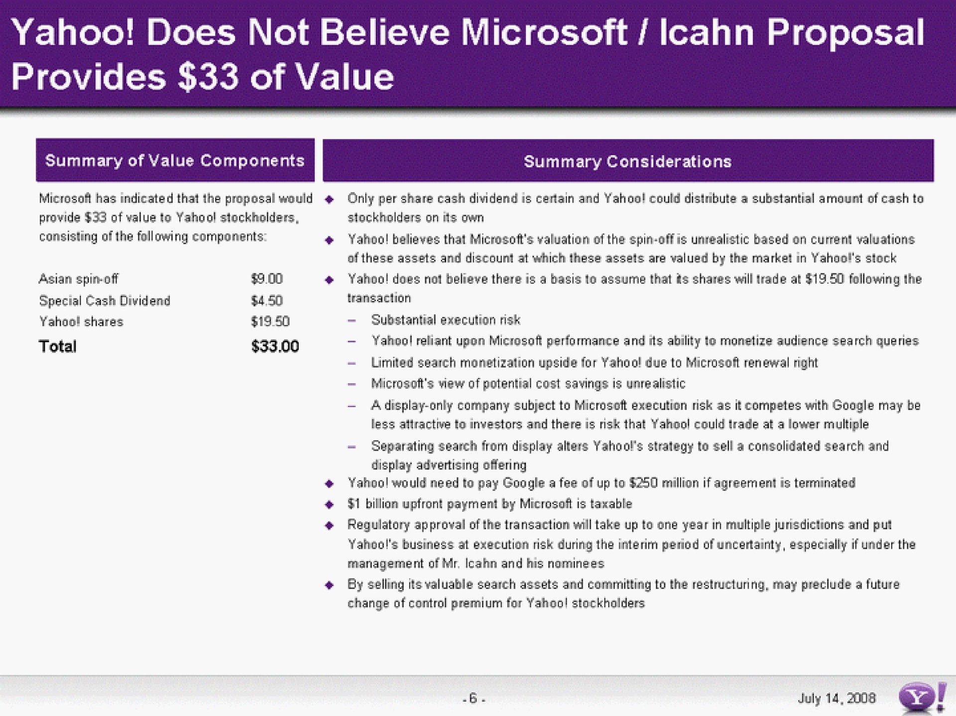 yahoo does not believe proposal provides of value | Yahoo