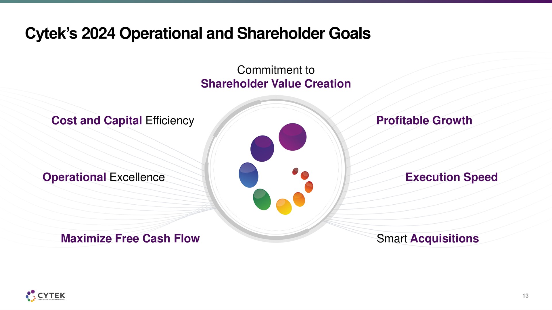 operational and shareholder goals commitment to shareholder value creation cost and capital efficiency profitable growth operational excellence execution speed maximize free cash flow smart acquisitions gee | Cytek