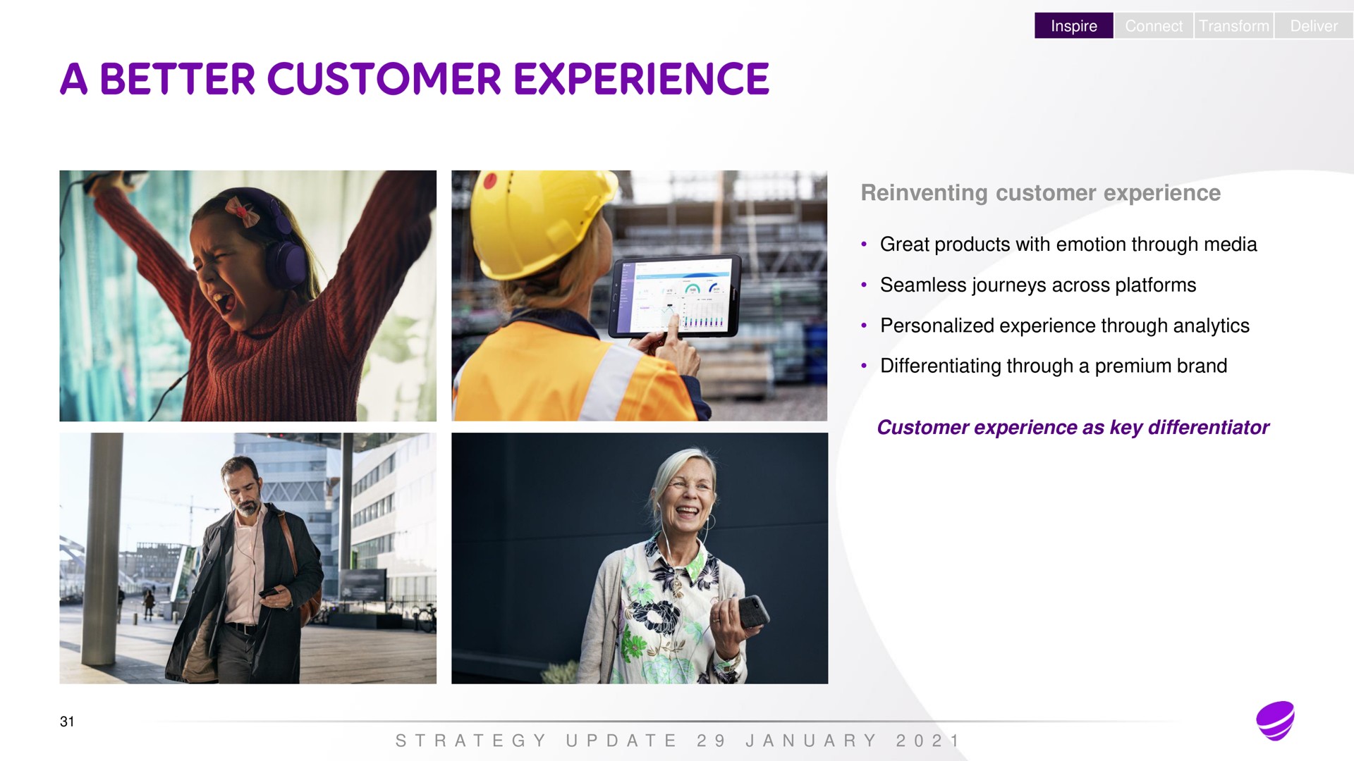 inspire connect transform deliver reinventing customer experience great products with emotion through media seamless journeys across platforms personalized experience through analytics differentiating through a premium brand customer experience as key differentiator a a a a better | Telia Company