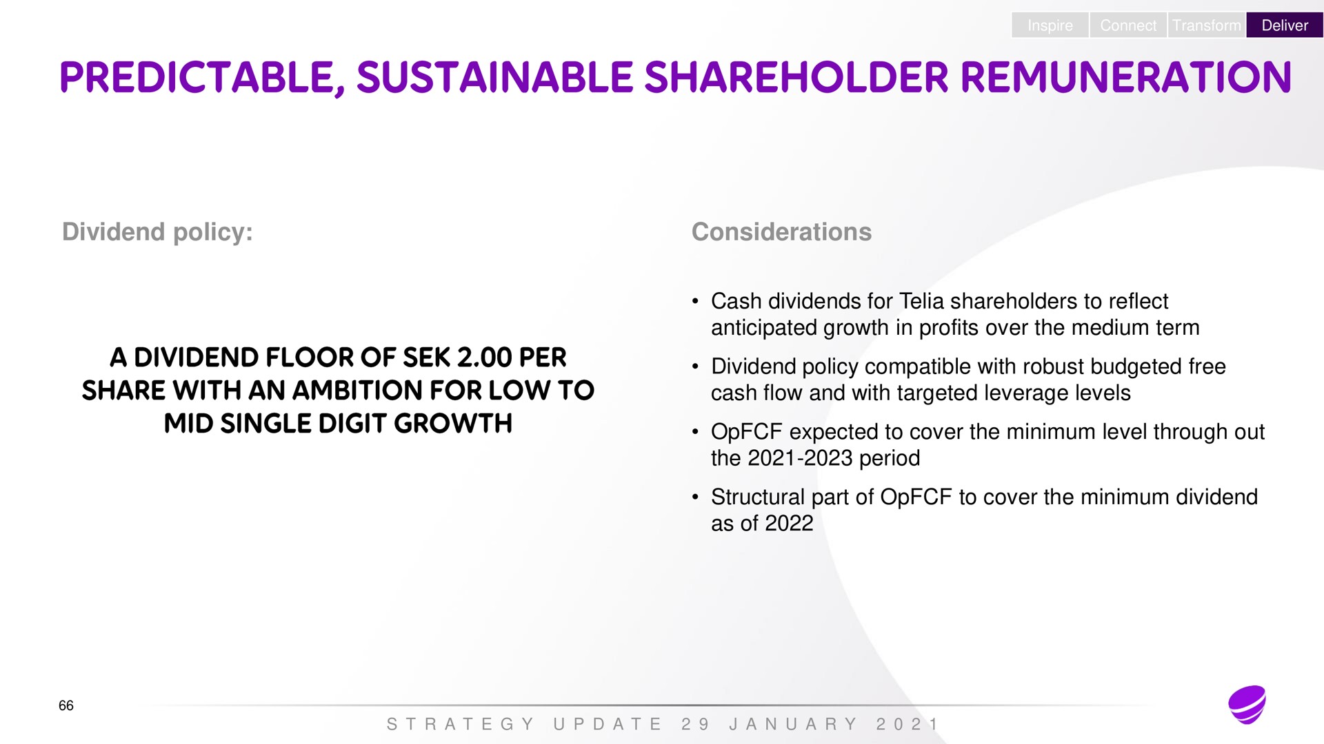 inspire connect transform deliver dividend policy considerations cash dividends for shareholders to reflect anticipated growth in profits over the medium term dividend policy compatible with robust budgeted free cash flow and with targeted leverage levels expected to cover the minimum level through out the period structural part of to cover the minimum dividend as of a a a a | Telia Company