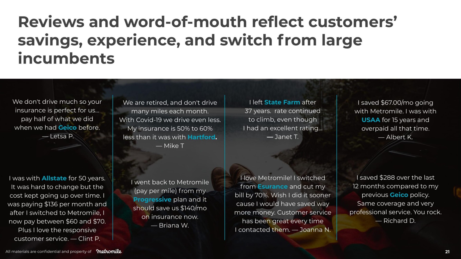 reviews and word of mouth reflect customers savings experience and switch from large incumbents | Metromile