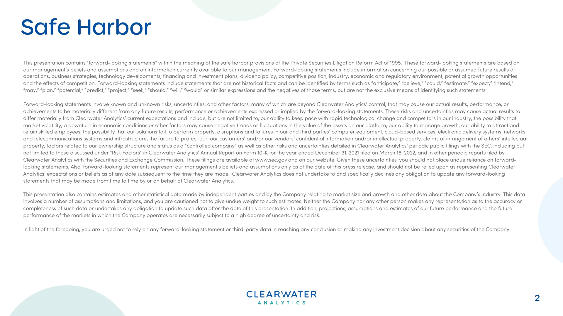 safe harbor | Clearwater Analytics