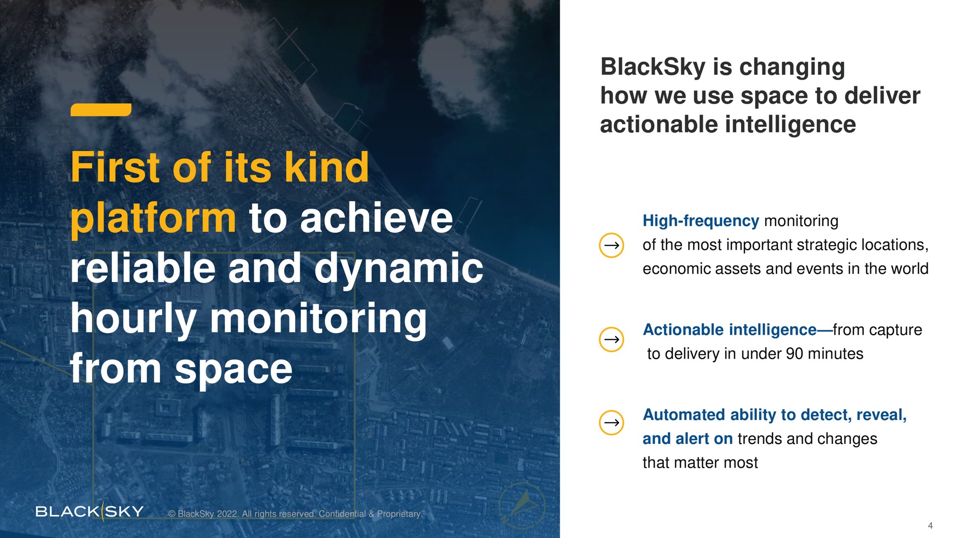 first of its kind platform to achieve reliable and dynamic hourly monitoring from space is changing how we use space to deliver actionable intelligence economic assets events capture | BlackSky