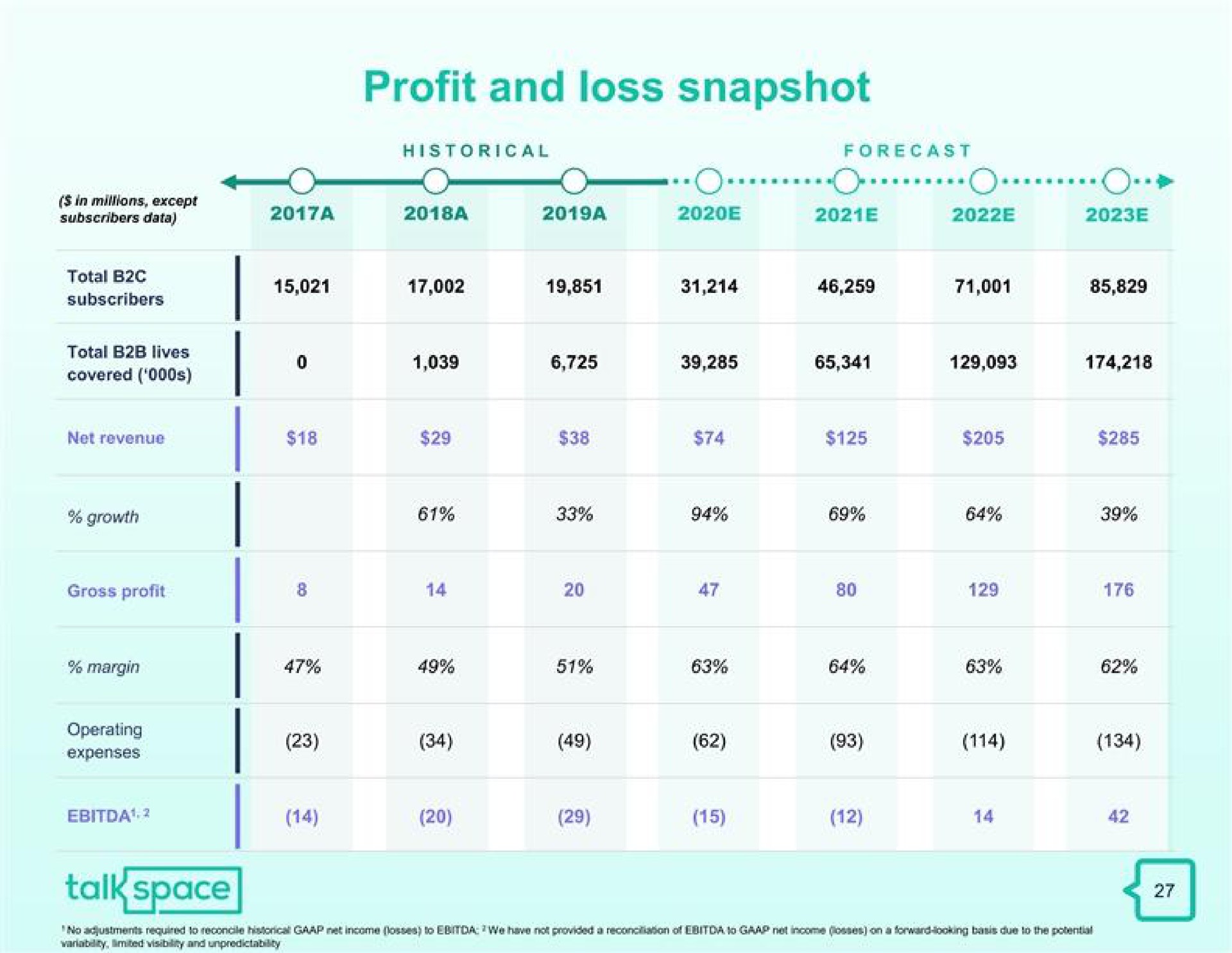 profit and loss snapshot talk space | Talkspace