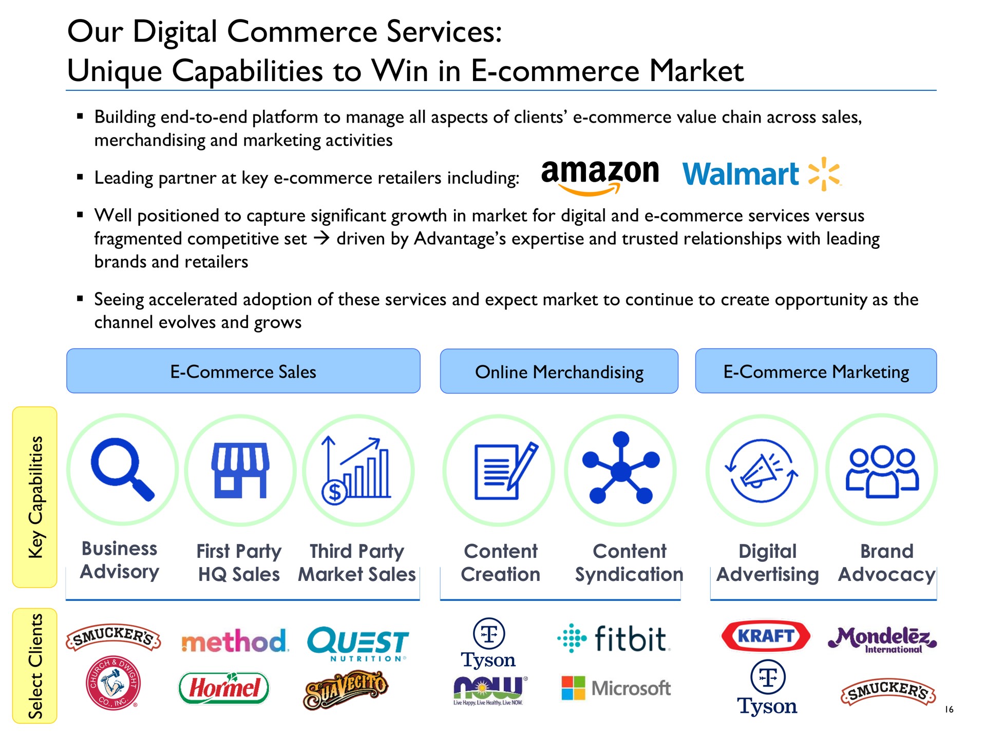 our digital commerce services unique capabilities to win in commerce market ail sal cop advisory sales creation syndication advertising advocacy be | Advantage Solutions